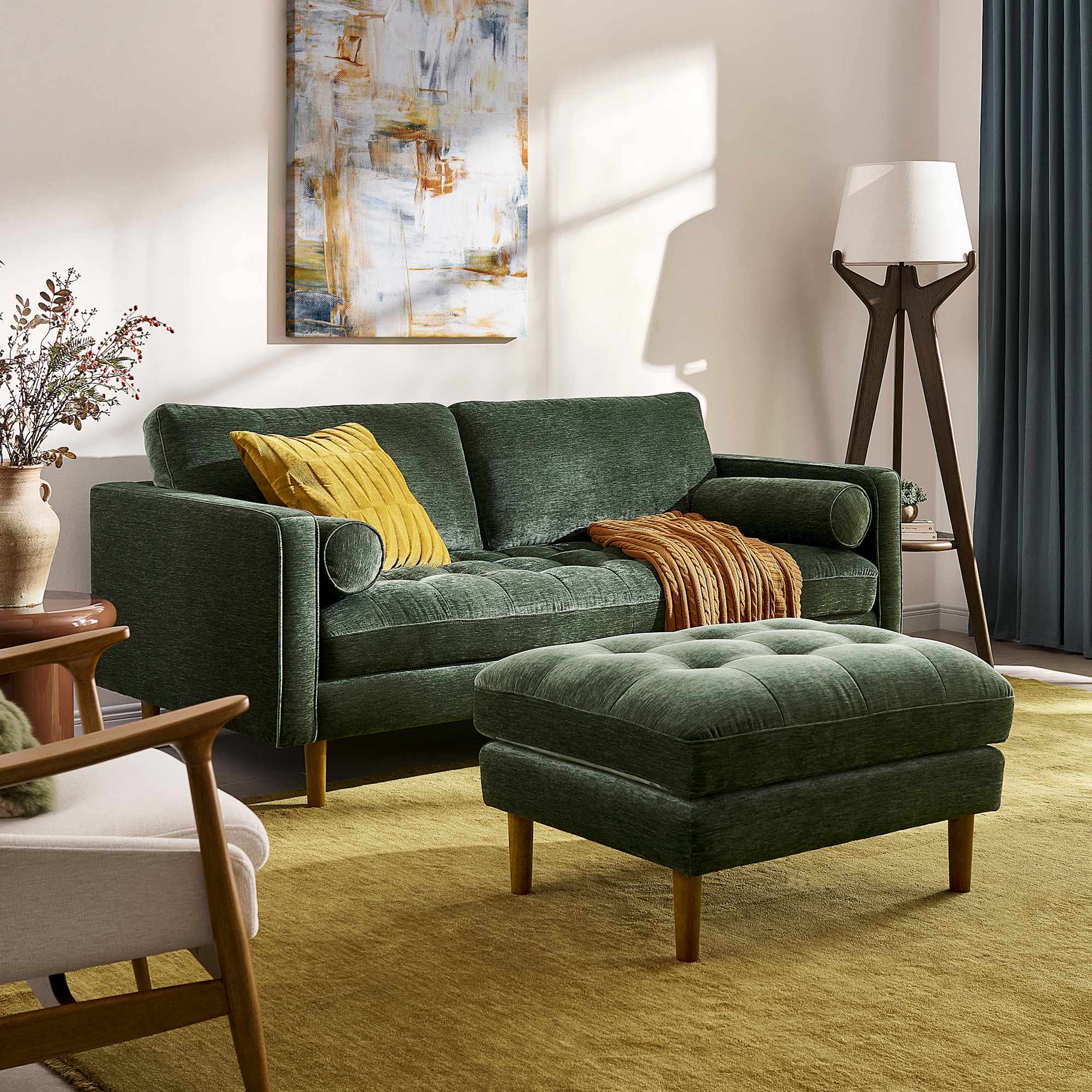 Madison Loveseat with Ottoman, (Camille) Forest lifestyle