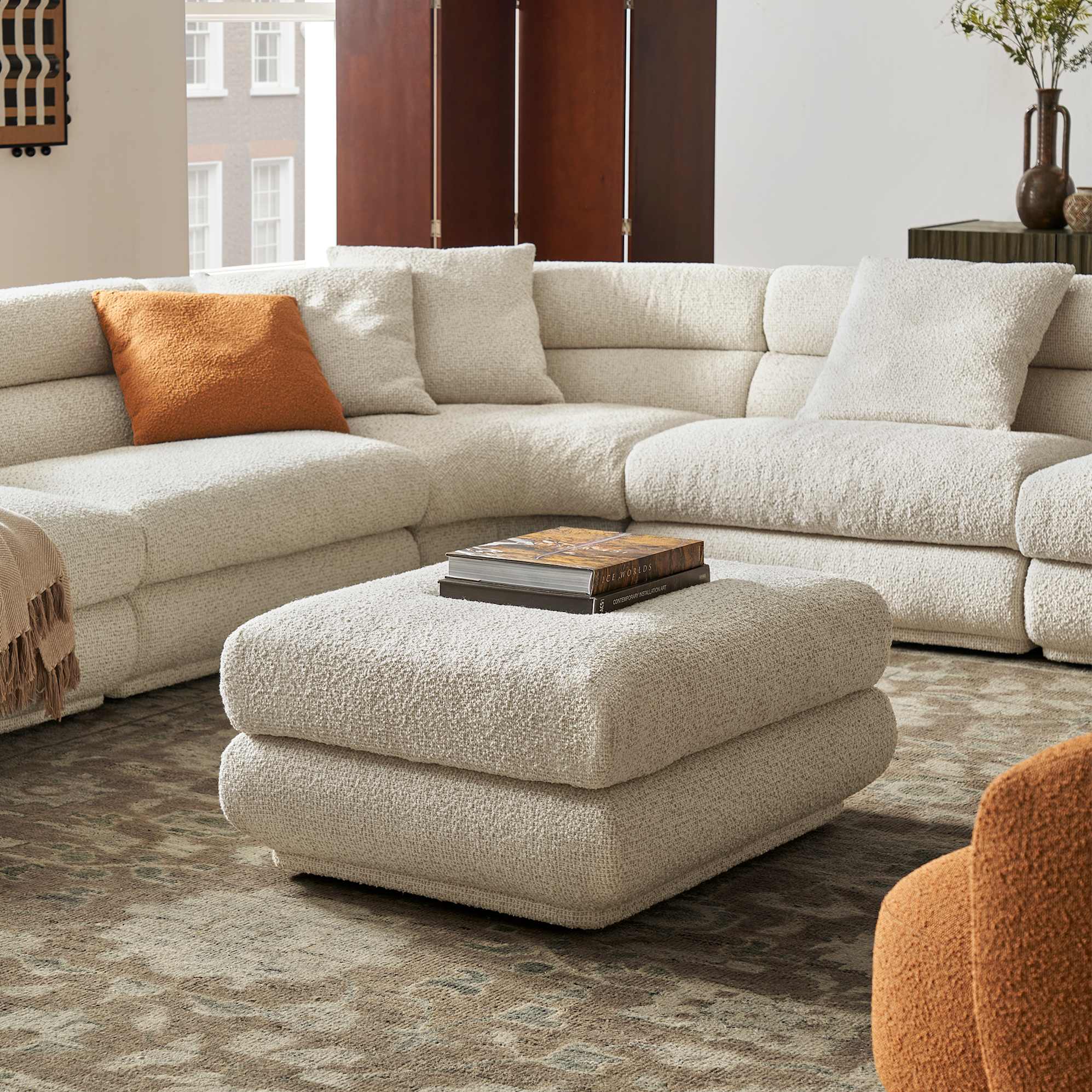 Solari Performance Fabric L-Shaped Sectional Sofa with Ottoman