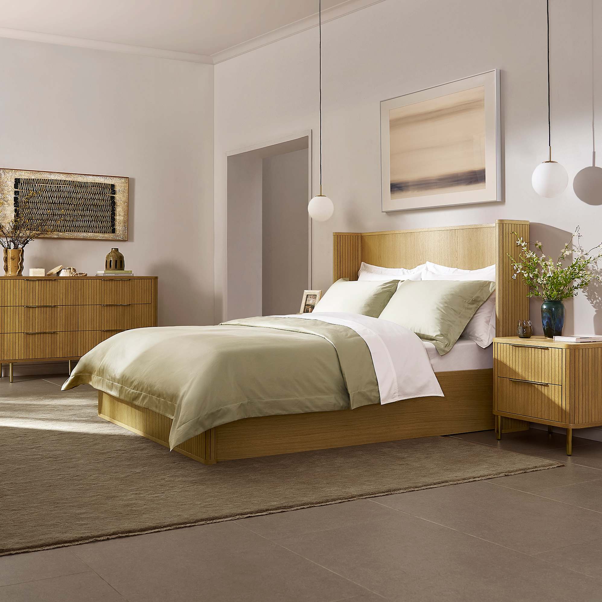 Harper Queen Size Bed with 2 Nightstands 23.6" Set, Natural