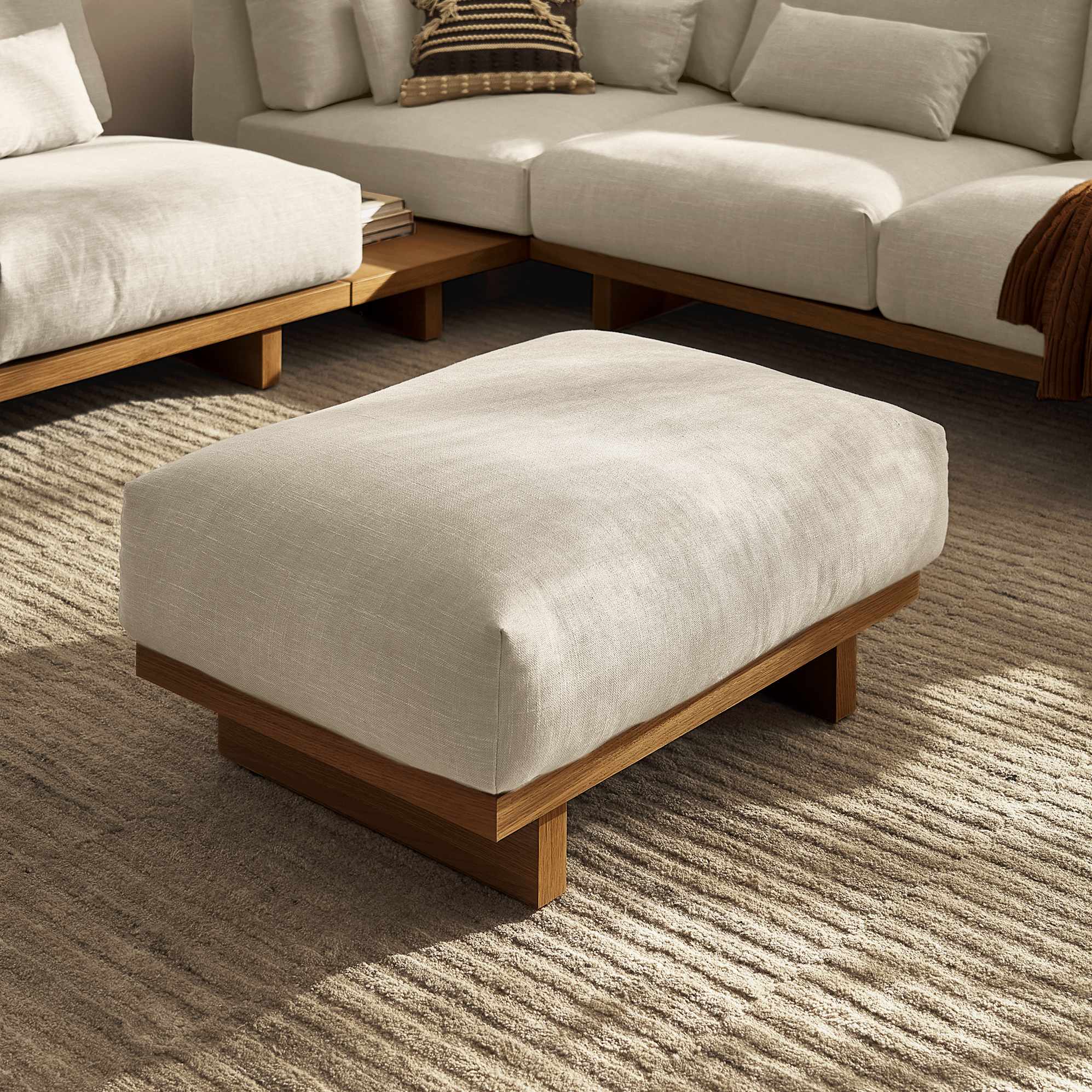 Mori Ottoman, (Performance Linen Weave) Sand (Walnut)