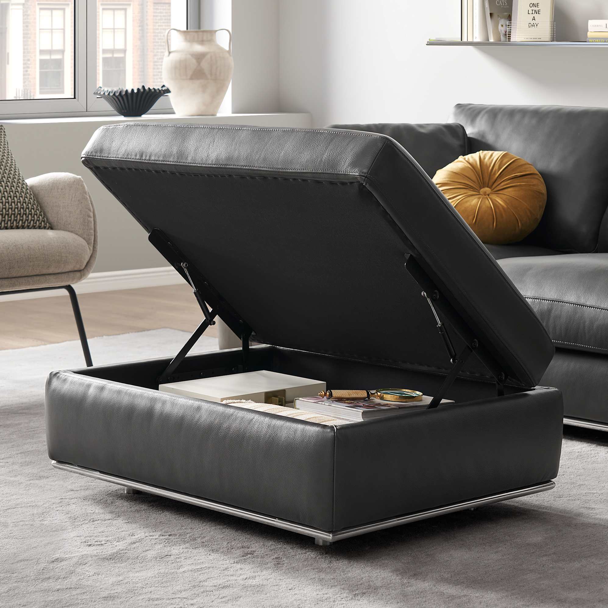 Hamilton Leather Storage Ottoman, (Marche) Graphite  lifestyle