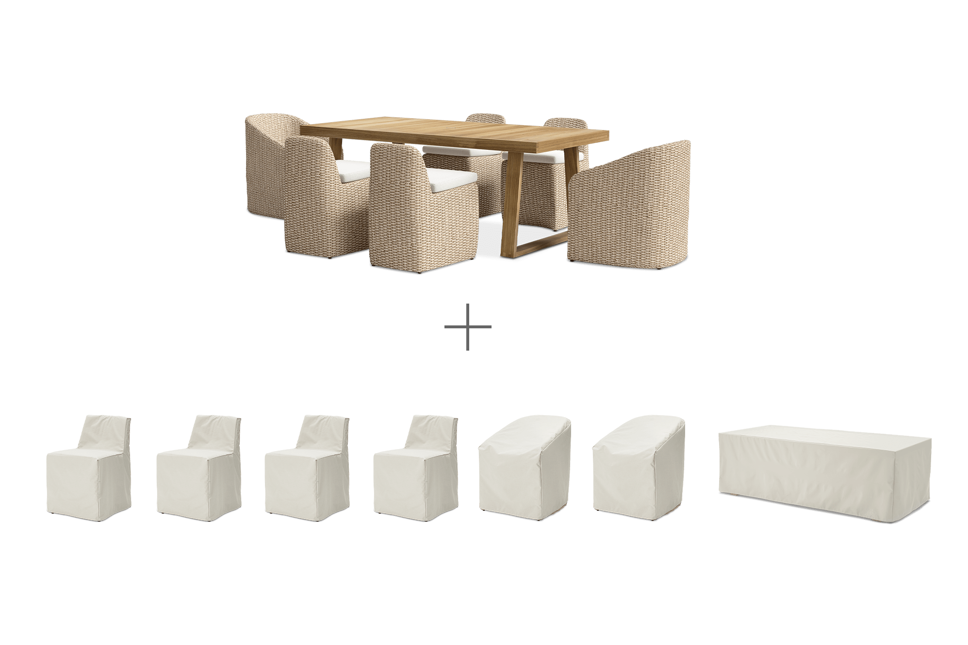 Rio Outdoor Teak Dining Table, 94.5" and 4 Lorna Dining Chairs and 2 Dining Armchairs with Ivory Cover (Treated Version) , (Ciel) Oat