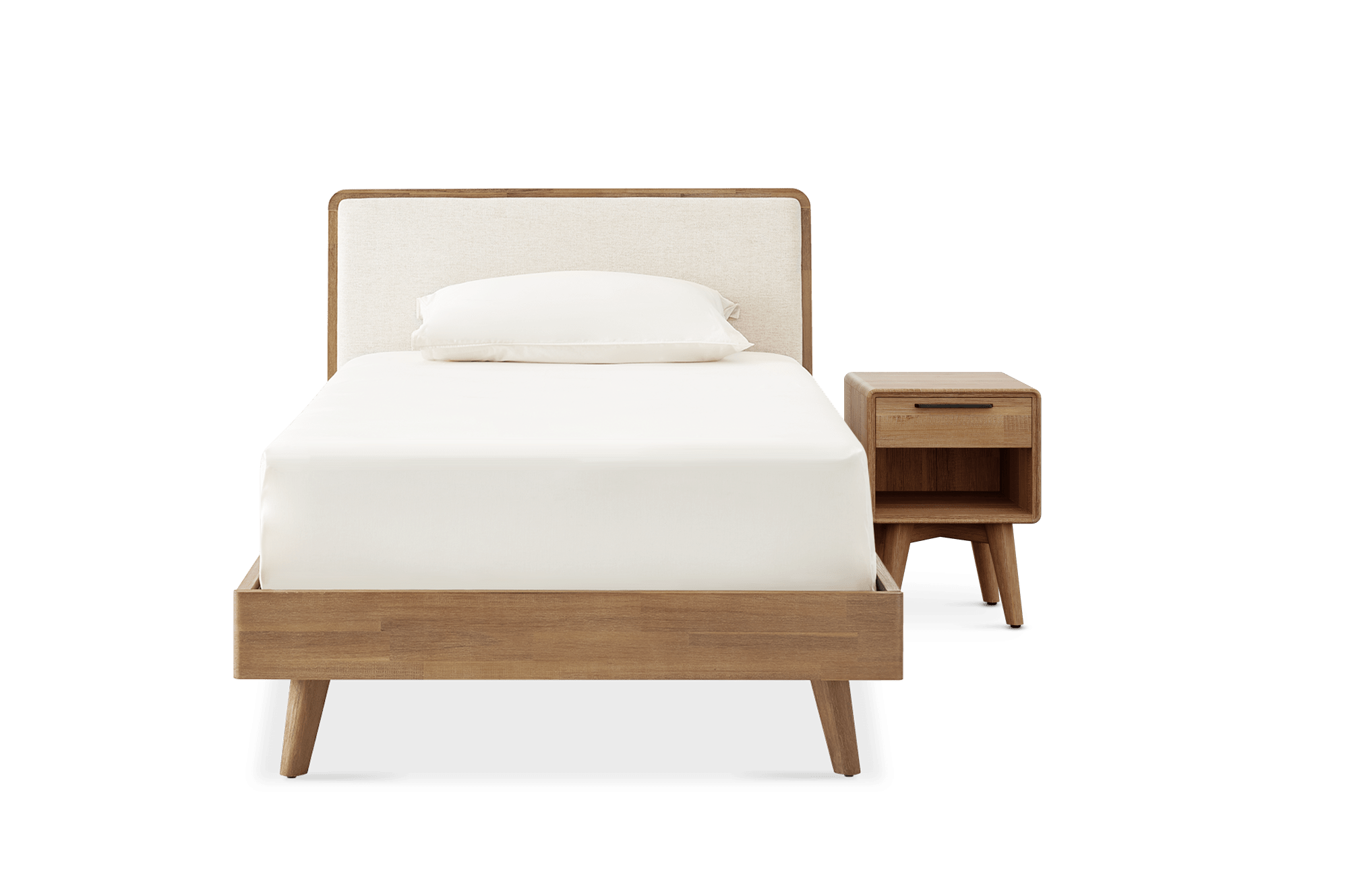Seb Super Single Size Bed with 1-Drawer Bedside Tables Set, (Performance Twill) Creamy White