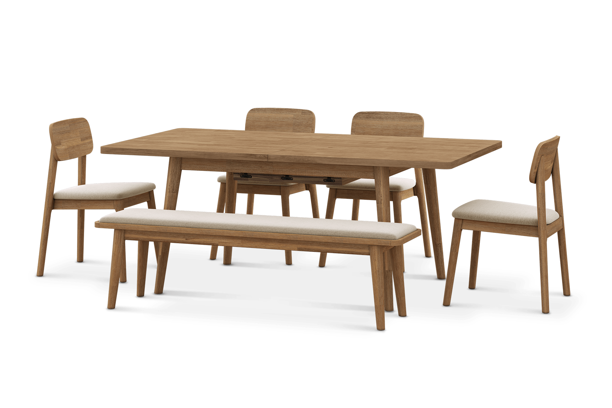 Seb Extendable Dining Table 190cm with 4 Fabric Chairs and 160cm Bench, (Performance Twill) Creamy White