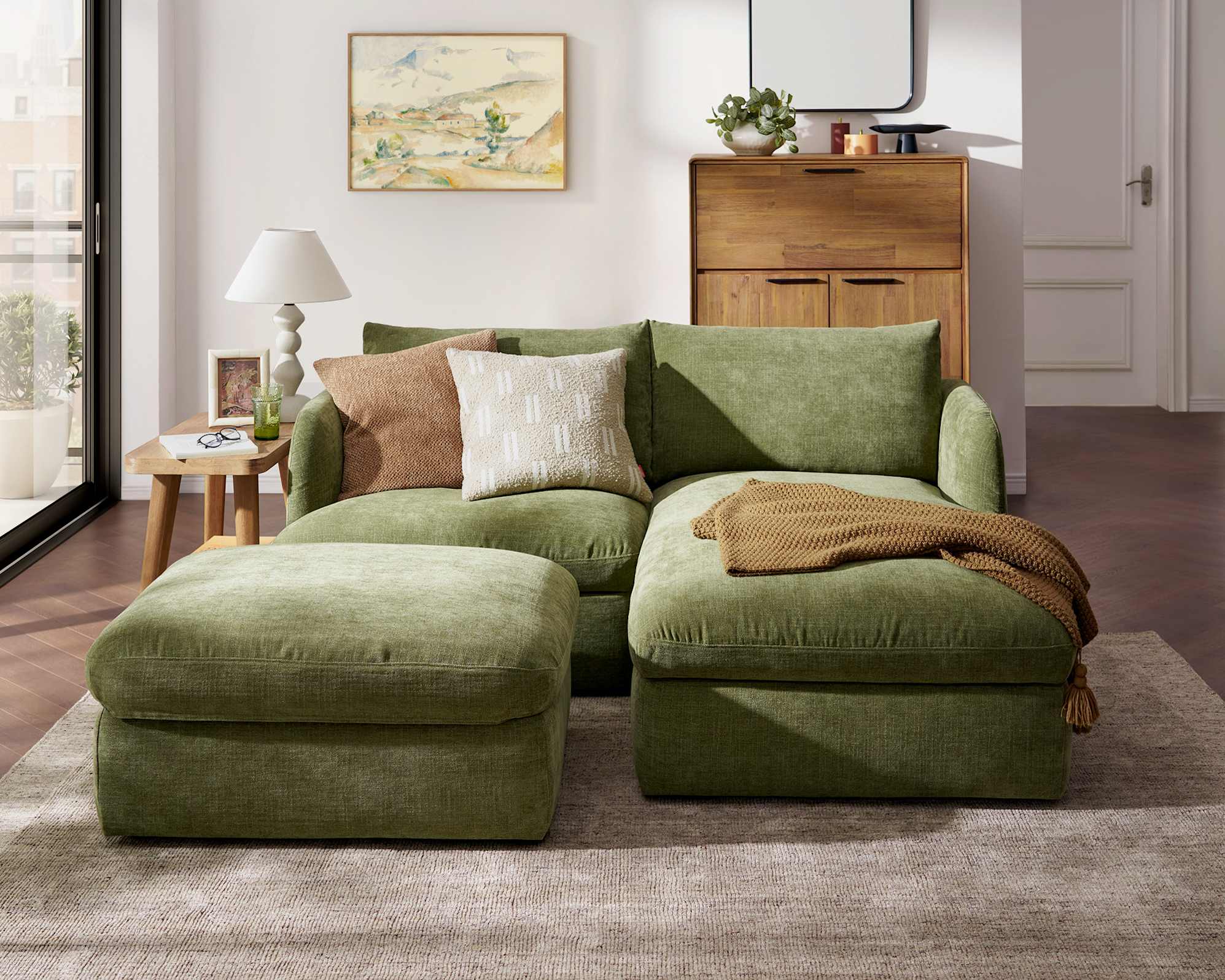 Ollie Storage Small Chaise Sectional Sofa Right Facinig with Ottoman, (Greta) Moss lifestyle
