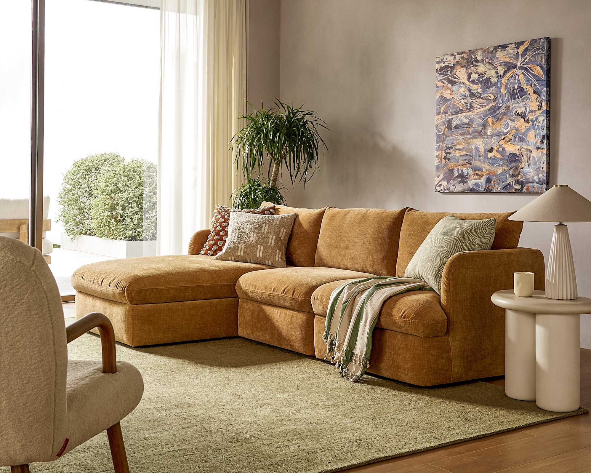 Ollie Storage Chaise Sectional Sofa Left Facing, (Greta) Mustard Brown lifestyle