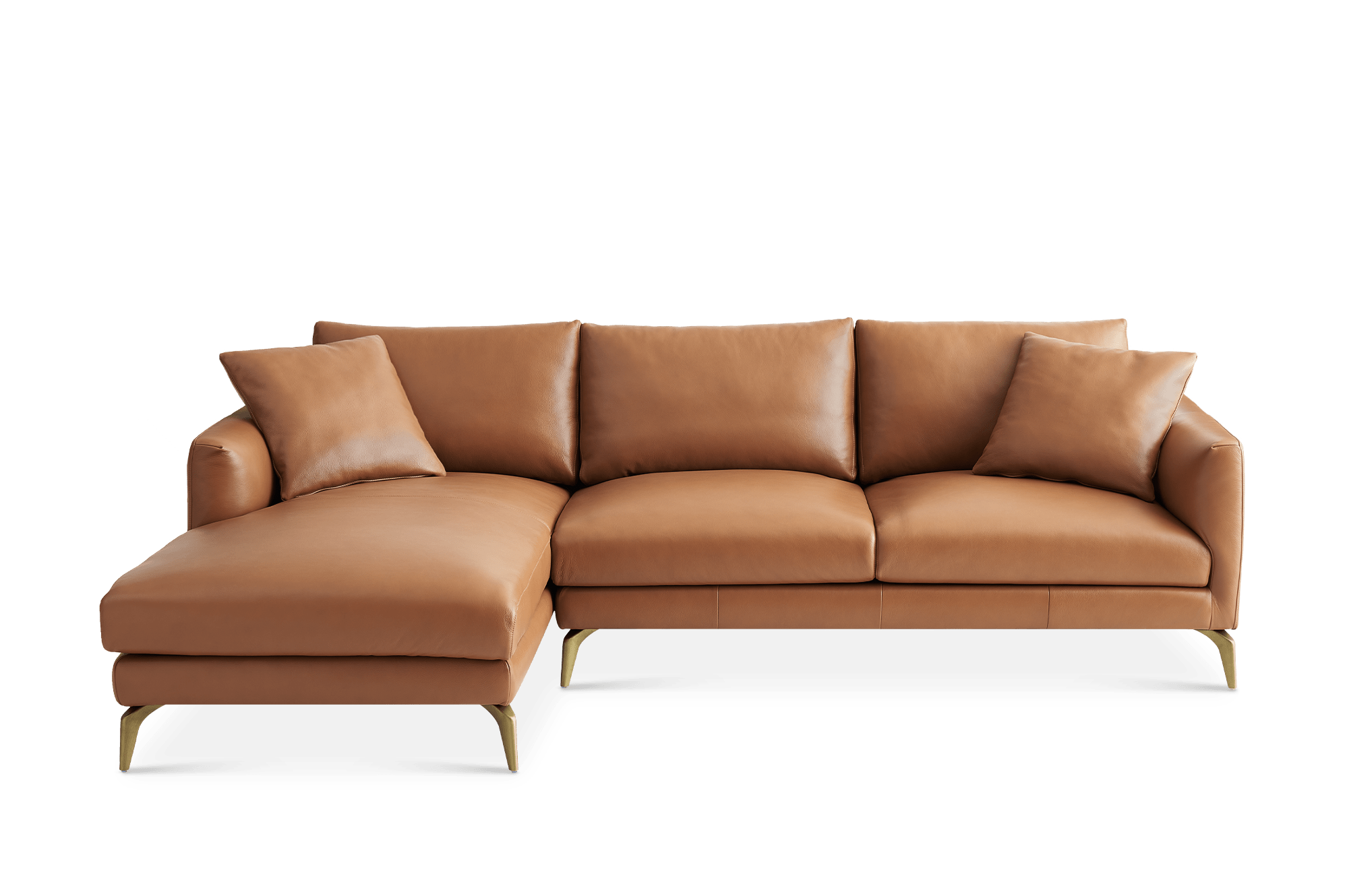 Lena Leather Chaise Sectional Sofa Left Facing, (Marche) Cocoa (Brass Leg)