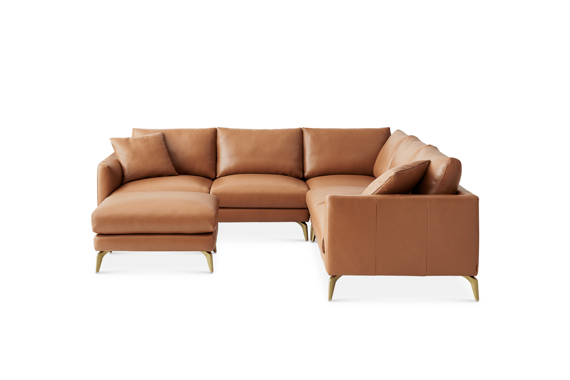 Lena Leather L-Shape Sectional Sofa with Ottoman, (Marche) Cocoa (Brass Leg)