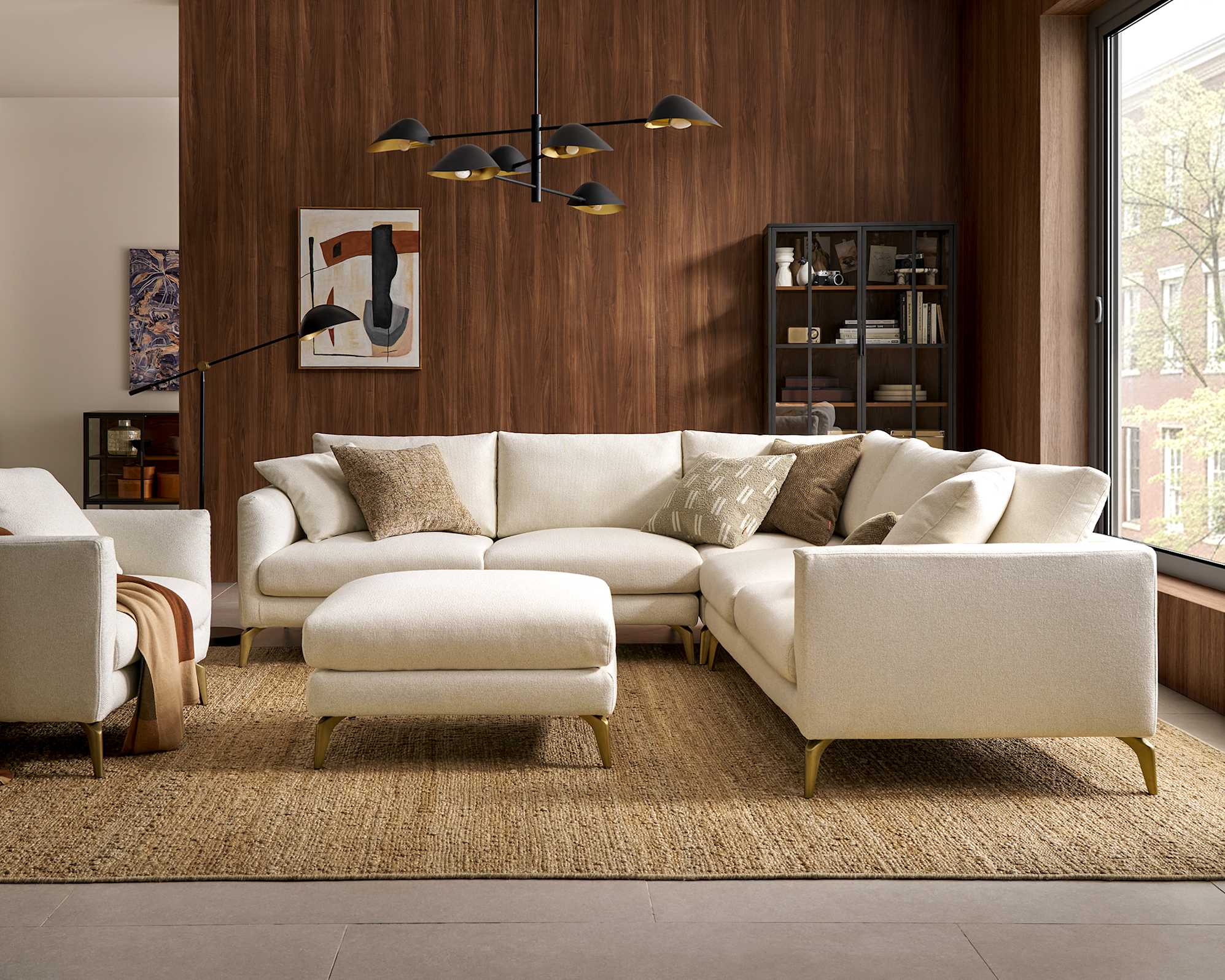 Lena L-Shape Sectional Sofa with Ottoman, (Performance Hugo) Cream (Brass Legs) lifestyle