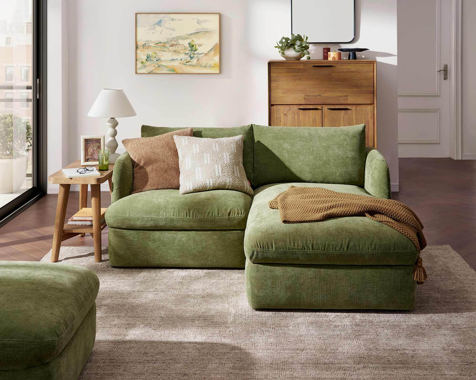 Ollie Storage Small Chaise Sectional Sofa Right Facing, (Greta) Moss lifestyle