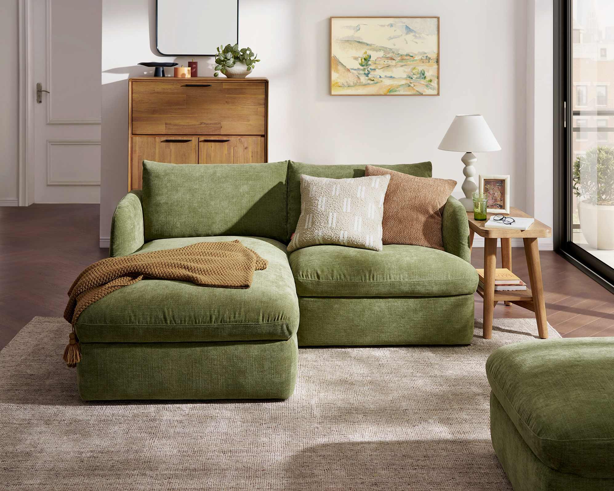 Ollie Storage Small Chaise Sectional Sofa Left Facing, (Greta) Moss lifestyle