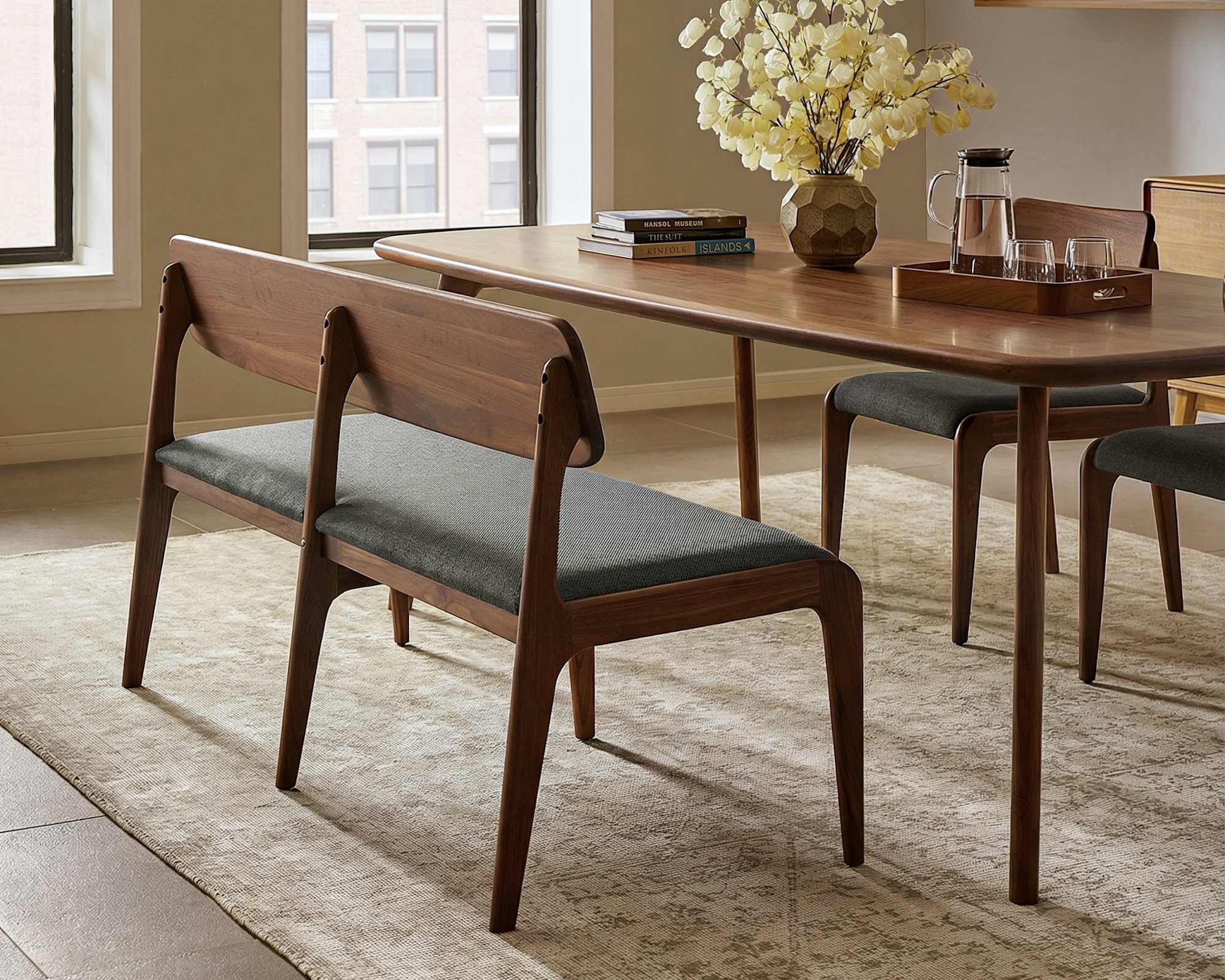 Vincent Dining Bench 47.2", (Performance Twill) Slate (Walnut) lifestyle