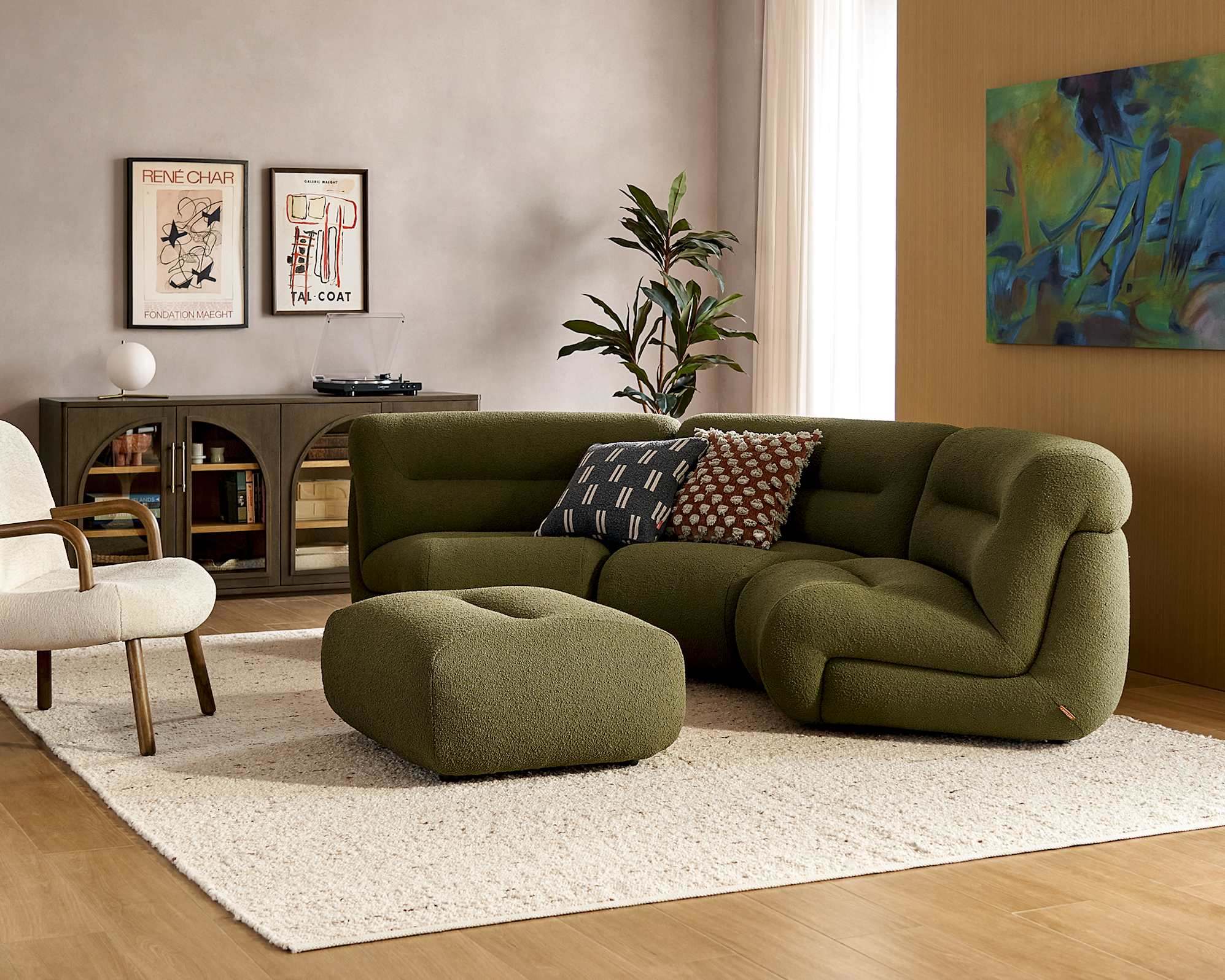Tovi Curve 3 Seater Sofa with Ottoman, (Performance Infinity Boucle) Moss lifestyle