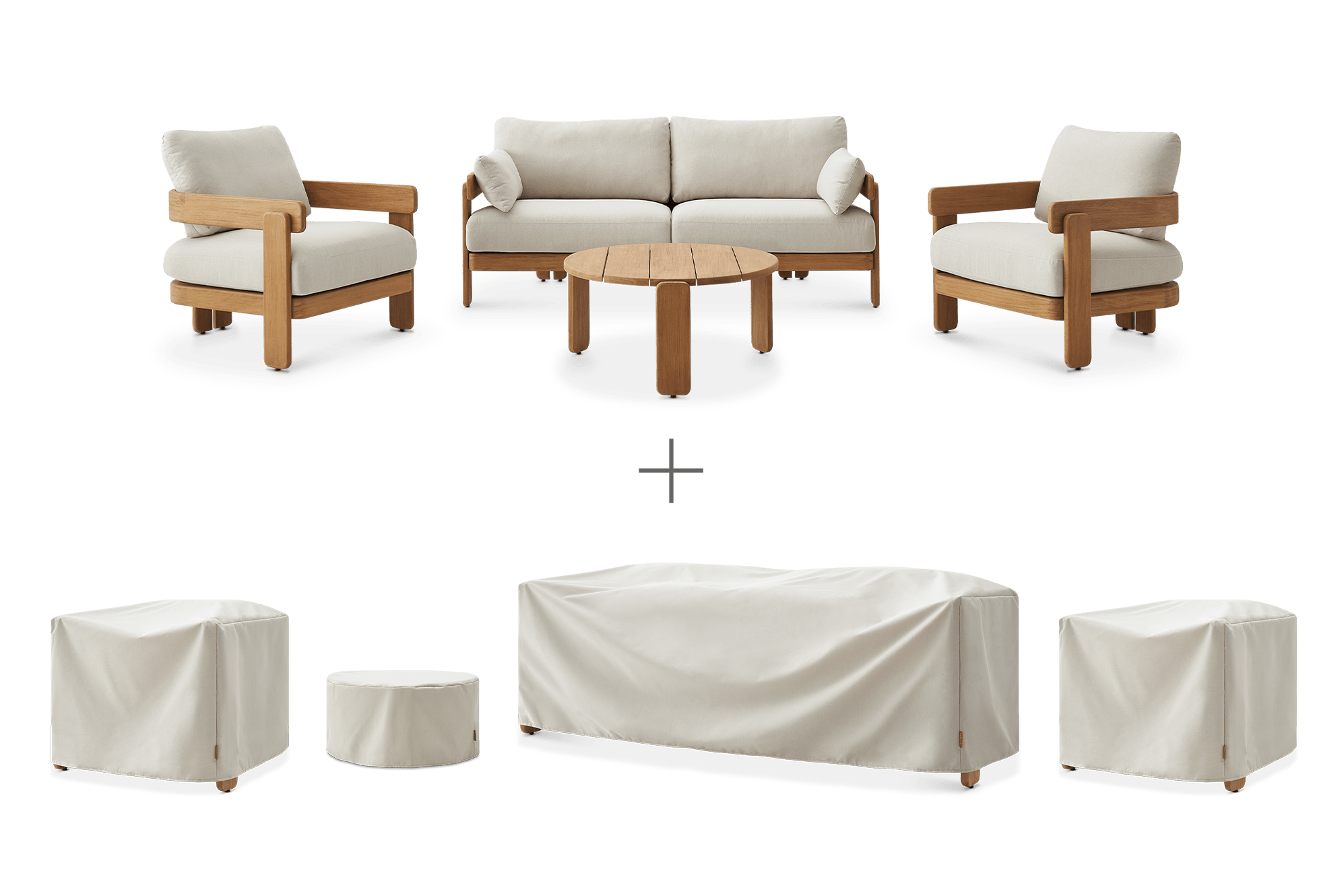 Eden Outdoor Sofa, 2 Lounge Chair & Coffee Table Set with Ivory Cover, (Sable) Oat