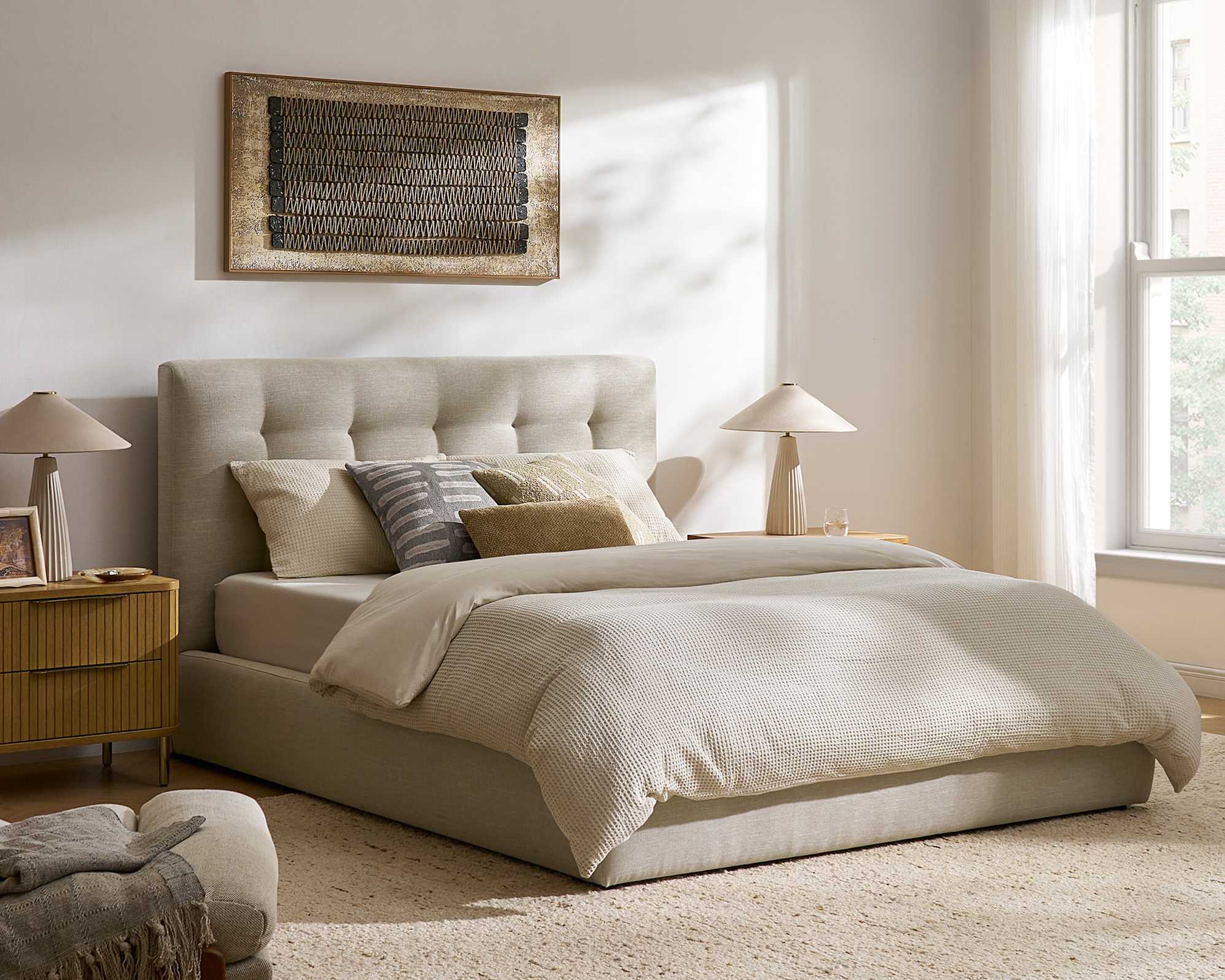 Miyo Grid Tufted Queen Size Bed, (Performance Genova) Oat lifestyle