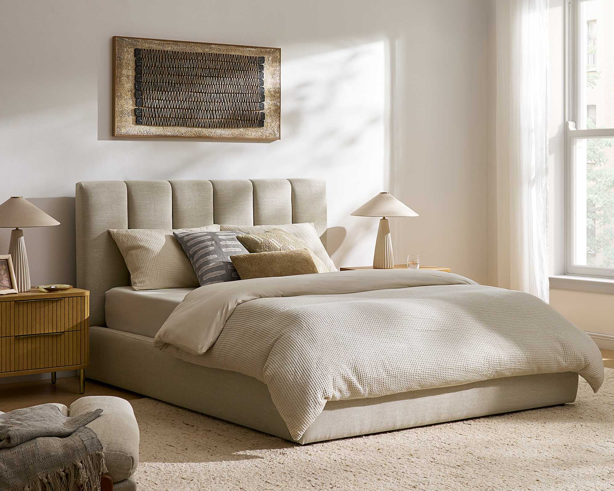 Miyo Channel Tufted Queen Size Bed, (Performance Genova) Oat lifestyle