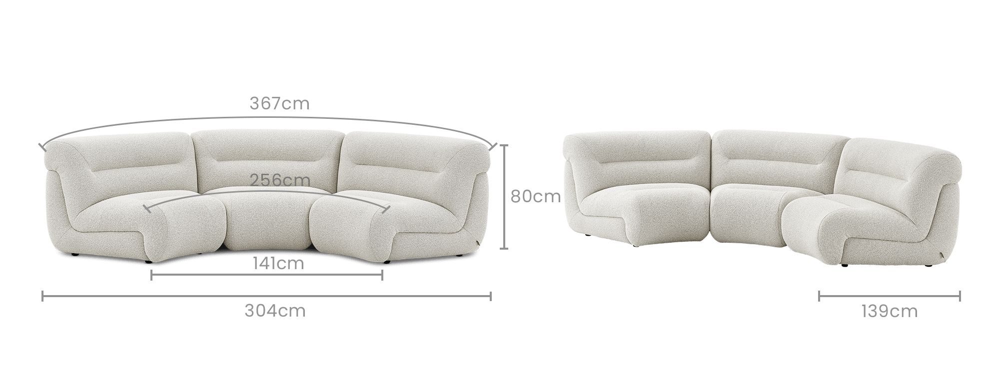 dimension of Tovi Performance Boucle Curve 3 Seater Sofa