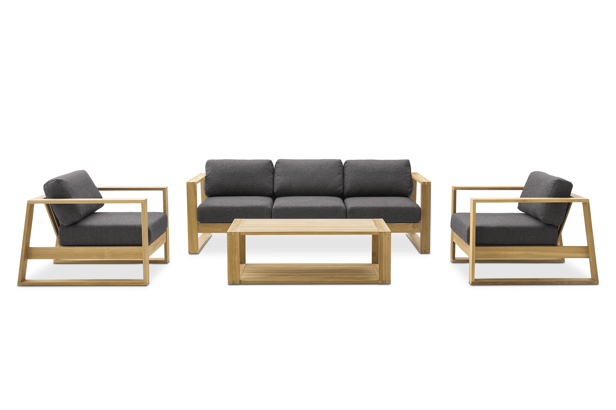 Rio Outdoor Teak Sofa, 2 Lounge Chairs & Box Coffee Table (Treated Version), Slate