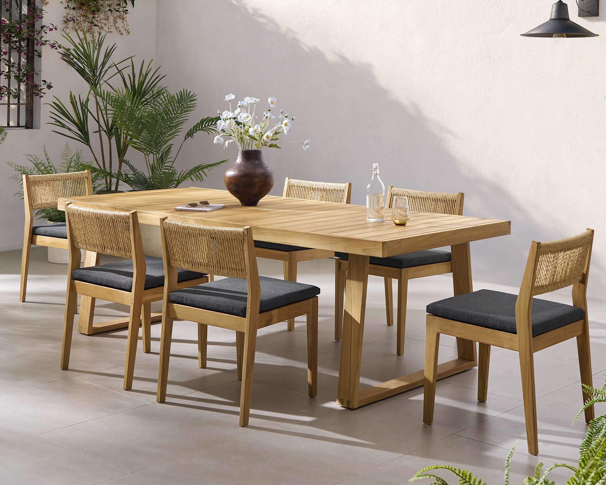Rio Outdoor Teak Dining Table, 78.7" and 6 Chairs (Treated Version), Slate lifestyle