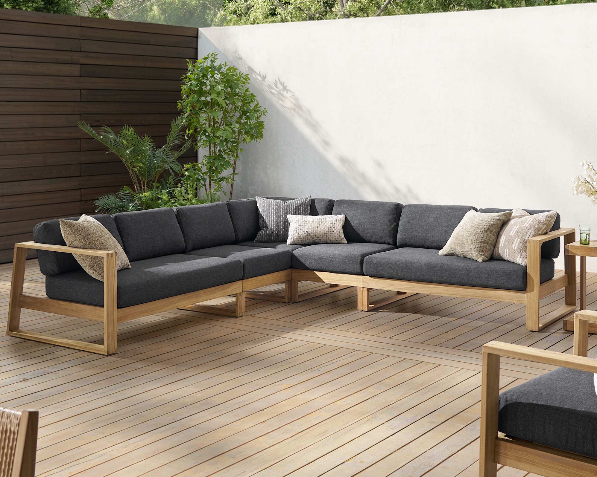 Rio Outdoor Teak Extended L-Shape Sectional Sofa (Treated Version) with Ivory Cover, Slate