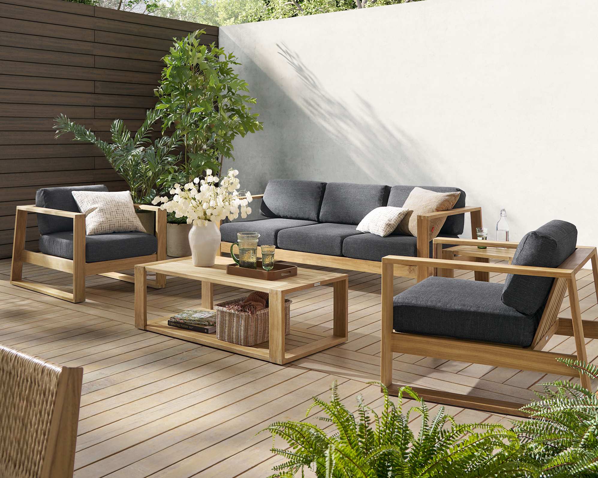 Rio Outdoor Teak Sofa, 2 Lounge Chairs, Box Coffee Table & Square Side Table (Treated Version), Slate lifestyle