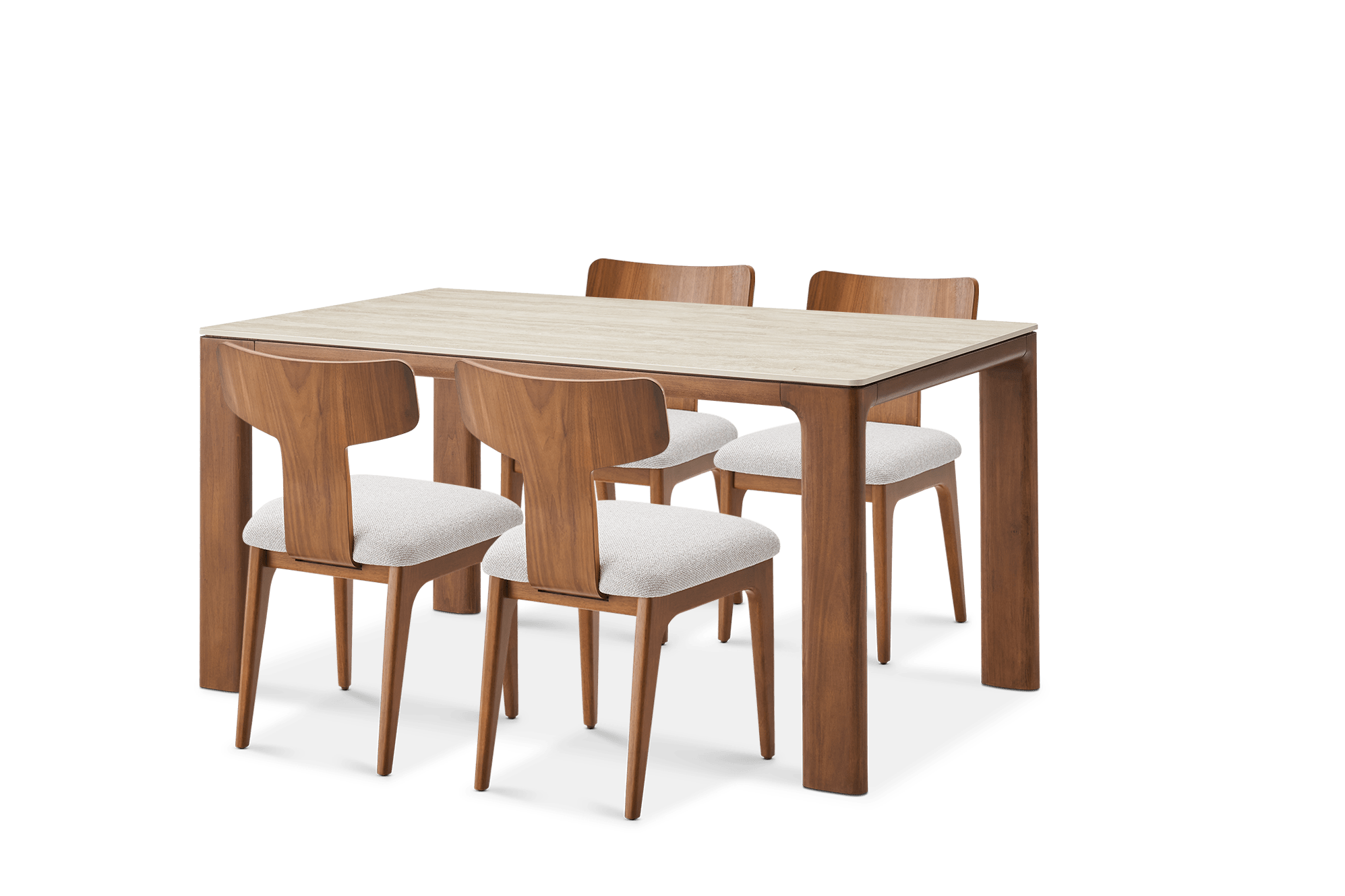 Arlen Sintered Stone Dining Table 150cm​ with 4 Tavi Wood Back Dining Chairs, (Performance Hugo) Greige (Walnut)