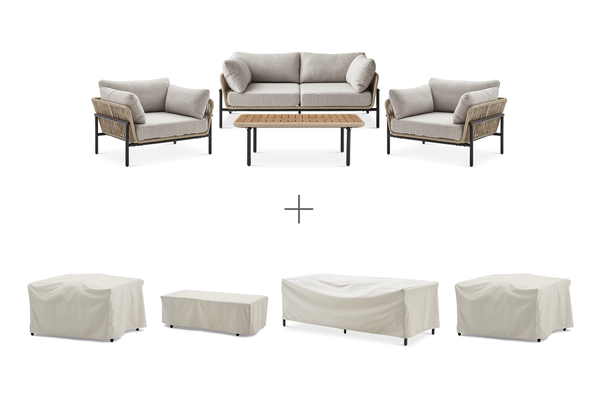 Sierra Outdoor Loveseat, 2 Lounge Chairs & Coffee Table Set, Straw with Ivory Cover