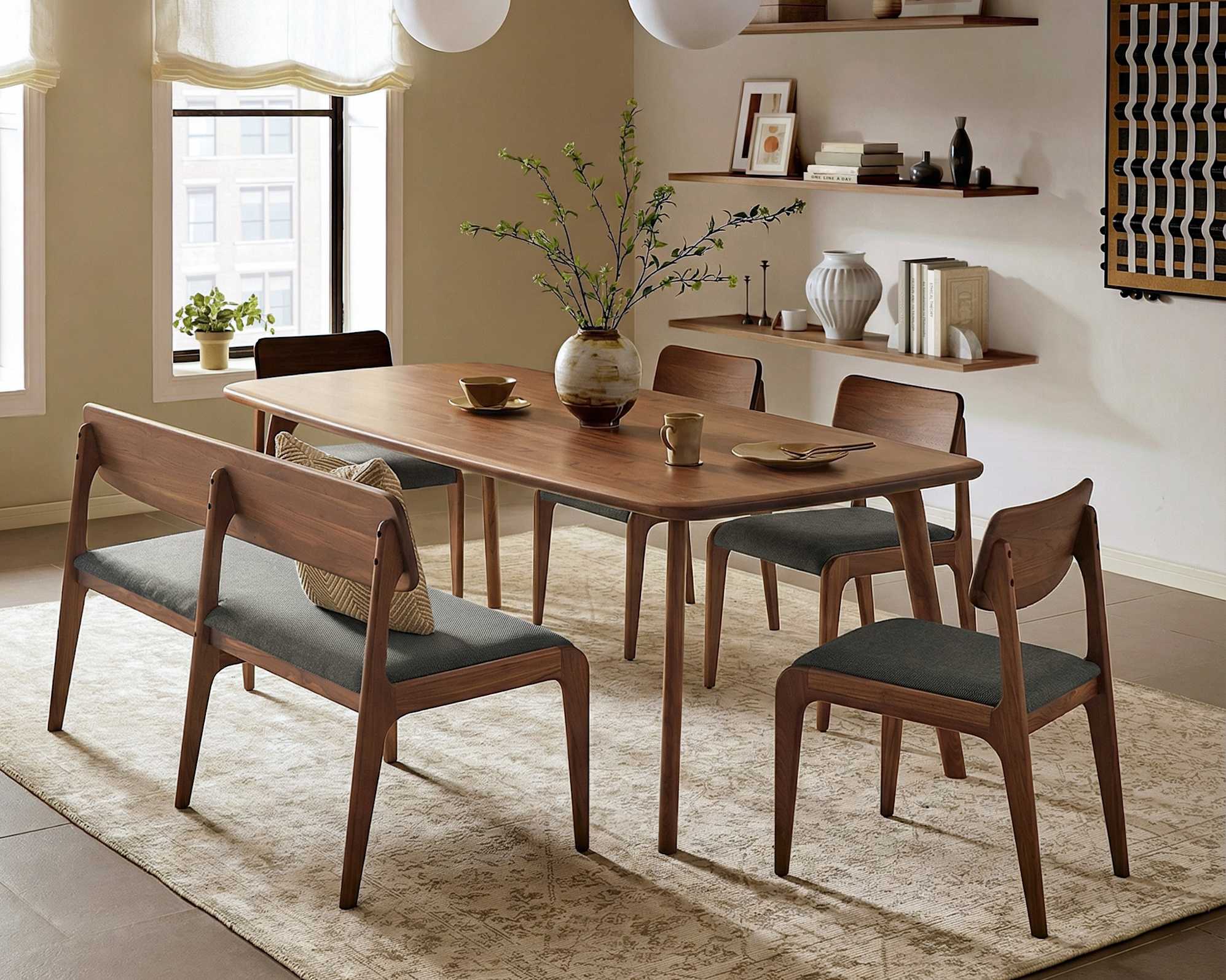 Vincent Dining Table 70.9" with 59.1" Bench and 2 Chairs Set Walnut, (Performance Twill) Slate lifestyle