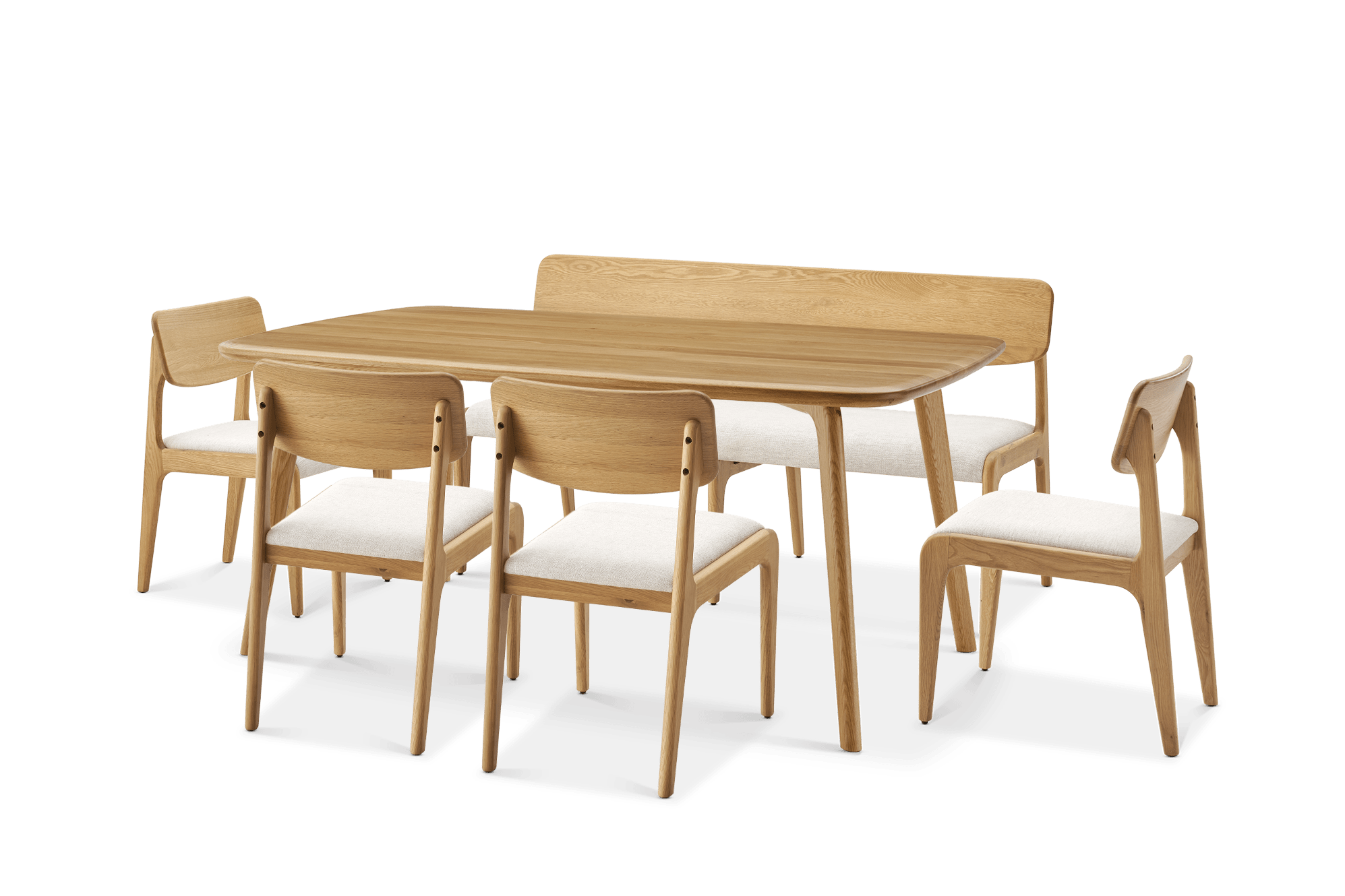 Vincent Dining Table 180cm with 150cm Bench and 4 Chairs Set Oak, (Performance Twill) Creamy White