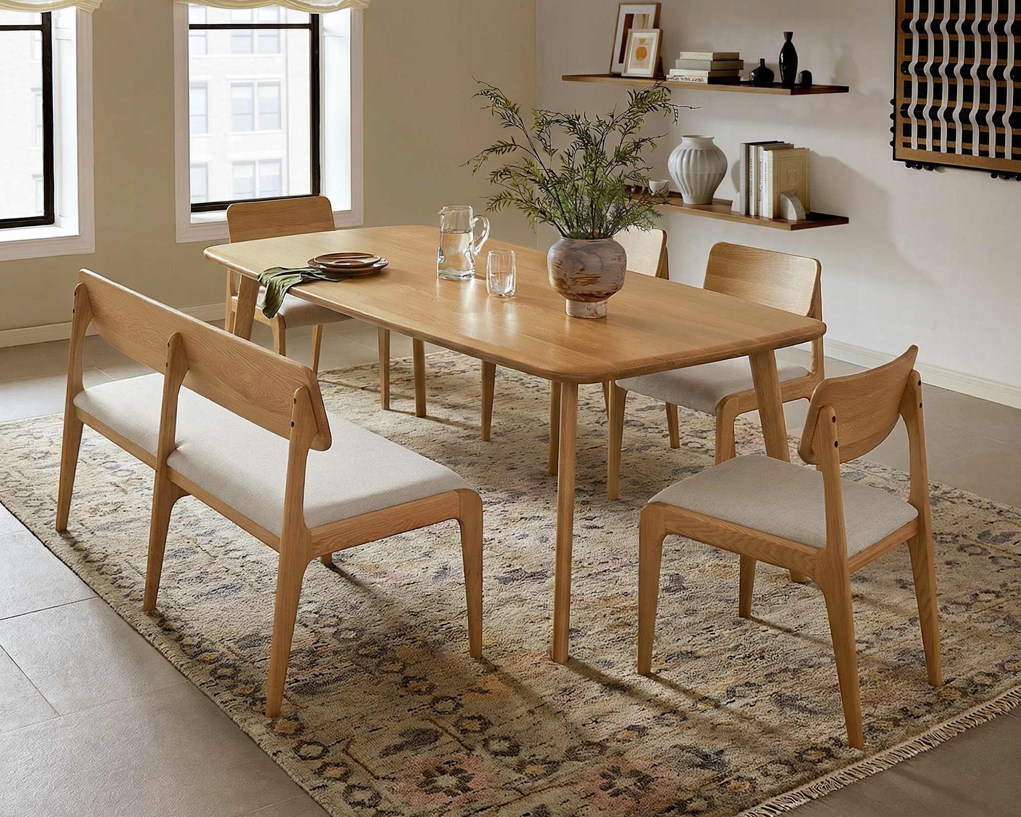 Vincent Dining Table 180cm with 150cm Bench and 4 Chairs Set Oak, (Performance Twill) Creamy White lifestyle