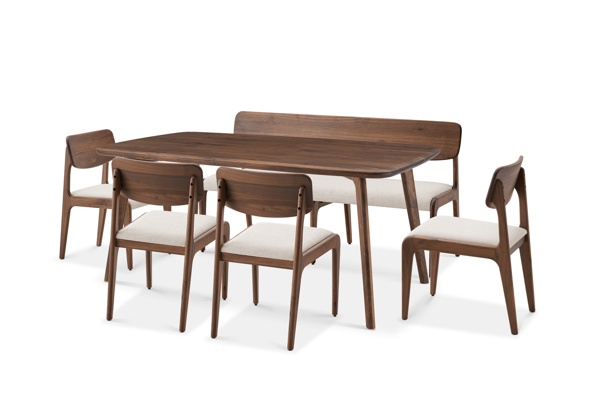 Vincent Dining Table 180cm with 150cm Bench and 4 Chairs Set Walnut, (Performance Twill) Creamy White