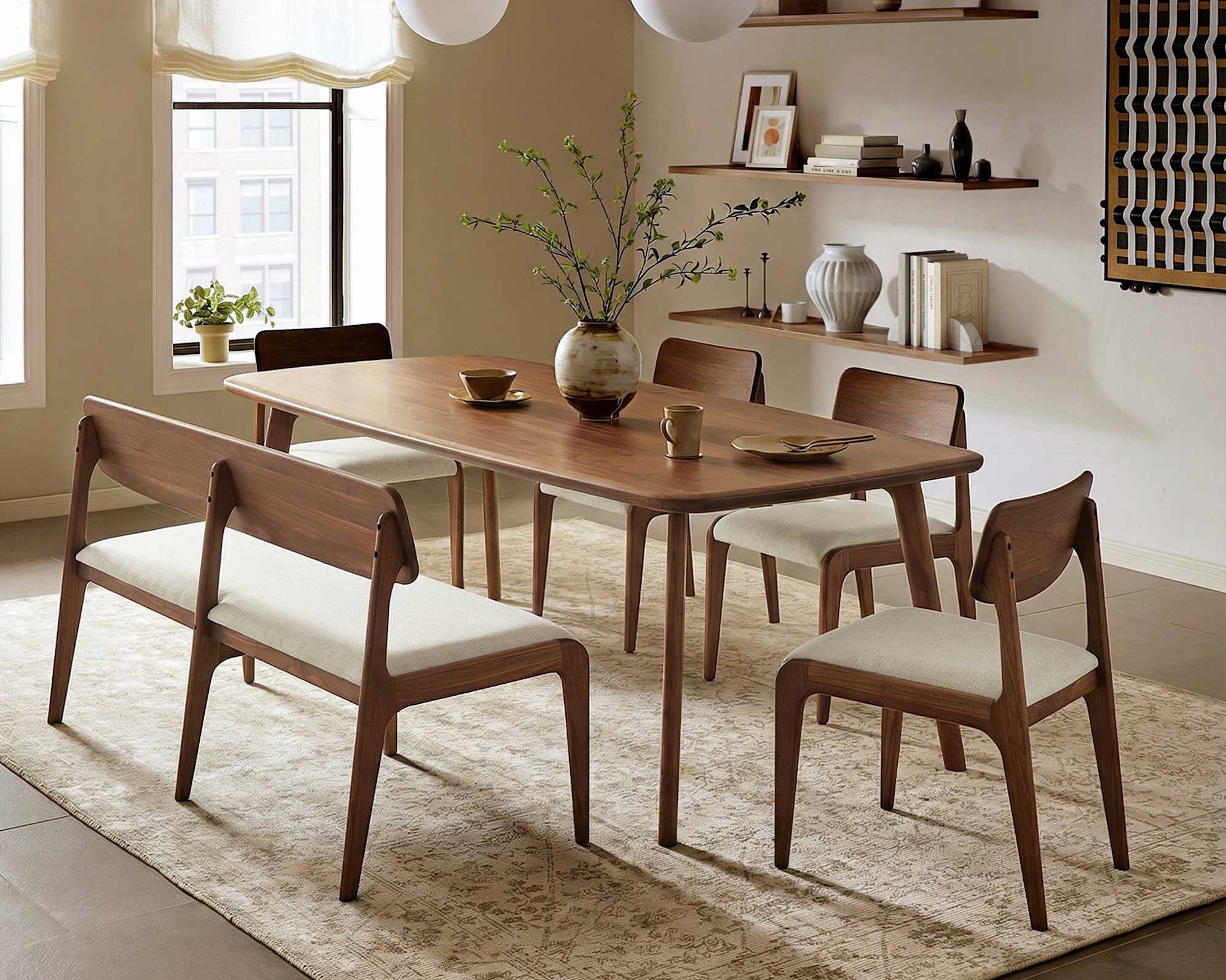 Vincent Dining Table 70.9" with 59.1" Bench and 2 Chairs Set Walnut, (Performance Twill) Creamy White lifestyle