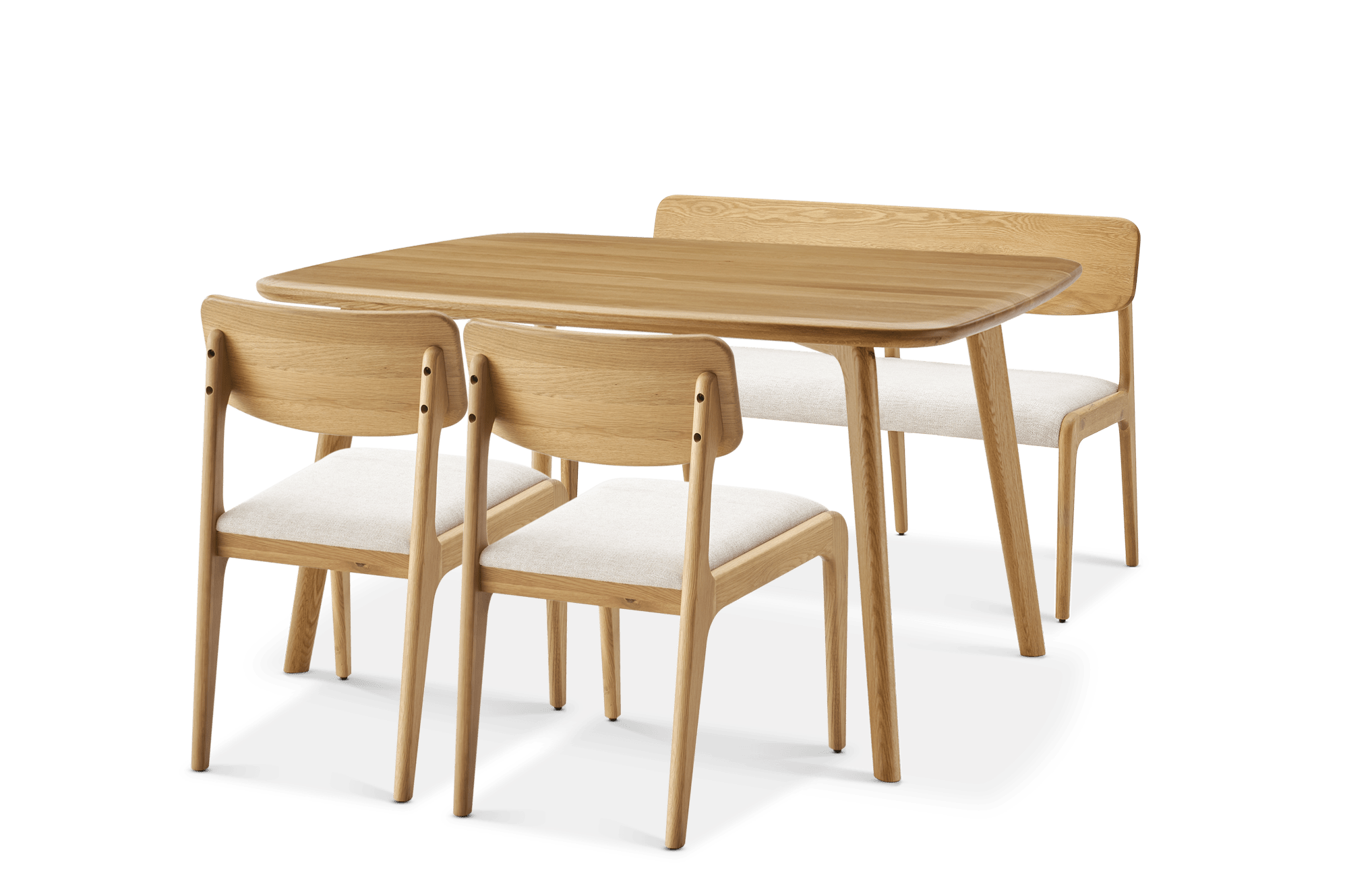 Vincent Dining Table 150cm with 120cm Bench and 2 Chairs Set Oak, (Performance Twill) Creamy White