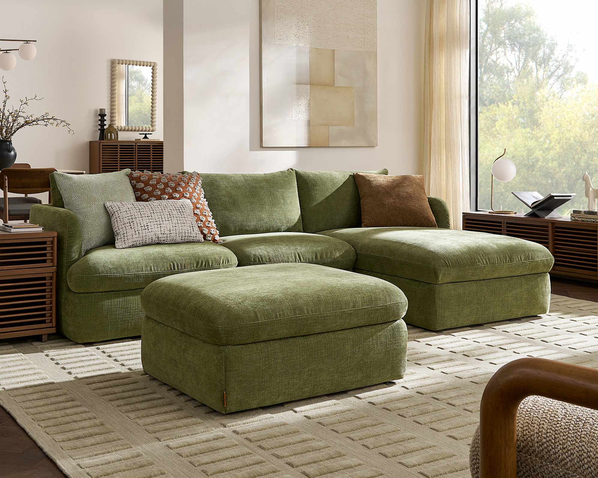 Ollie Storage Chaise Sectional Sofa Right Facing with Ottoman, (Greta) Moss lifestyle