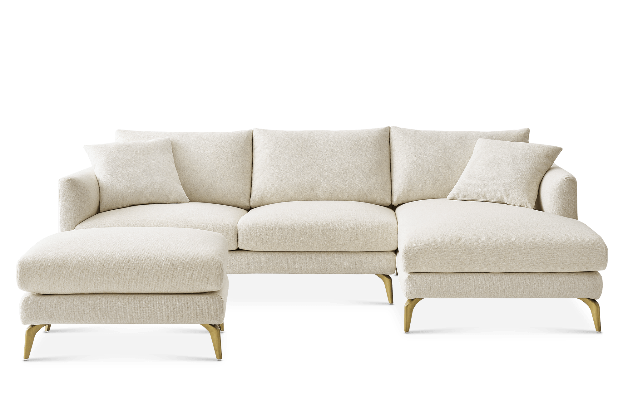 Lena Chaise Sectional Sofa Right Facing with Ottoman, (Performance Hugo) Cream (Brass Legs)