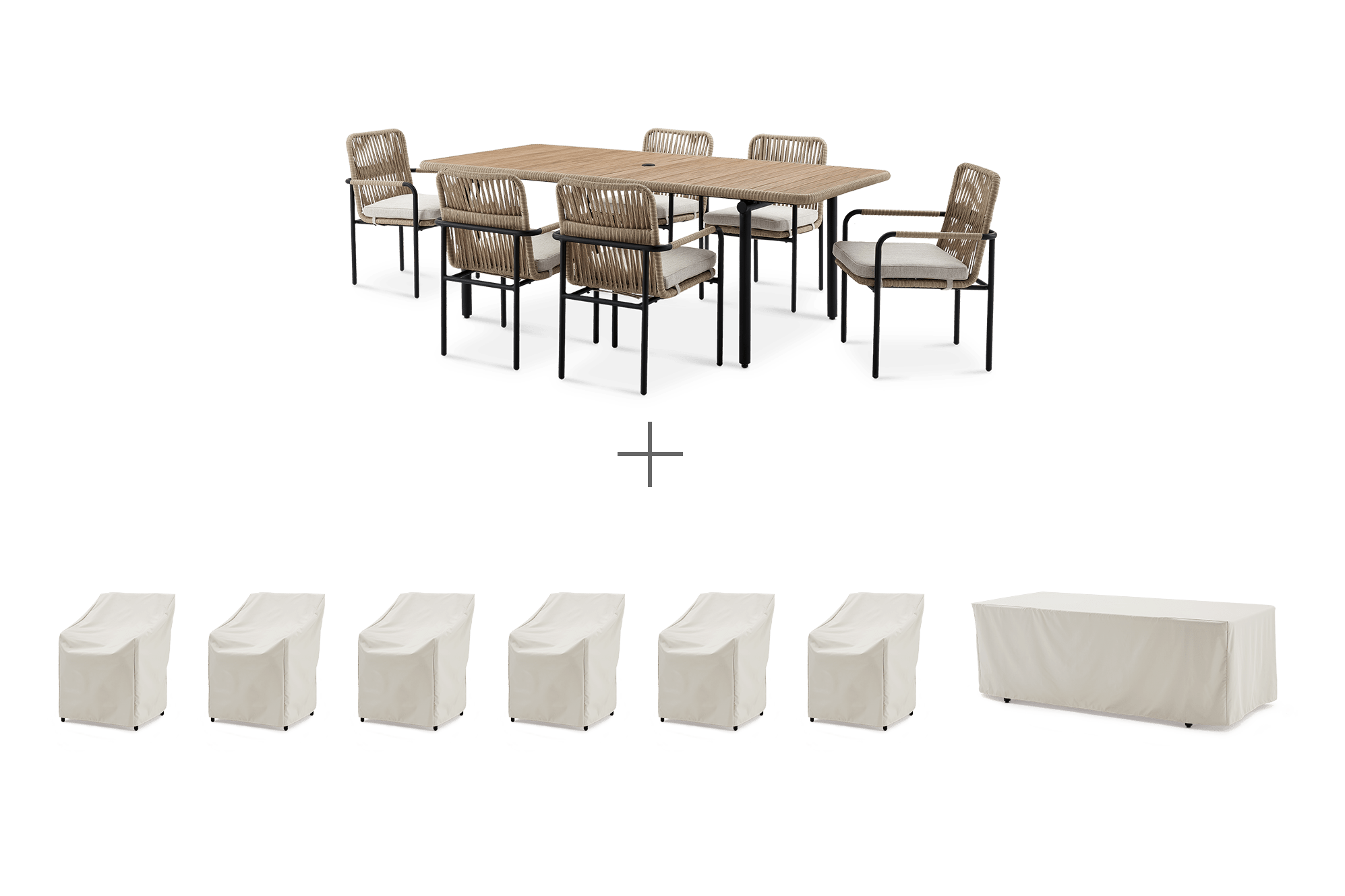 Sierra Garden Dining Table with 6 Chairs with Ivory Cover, Straw