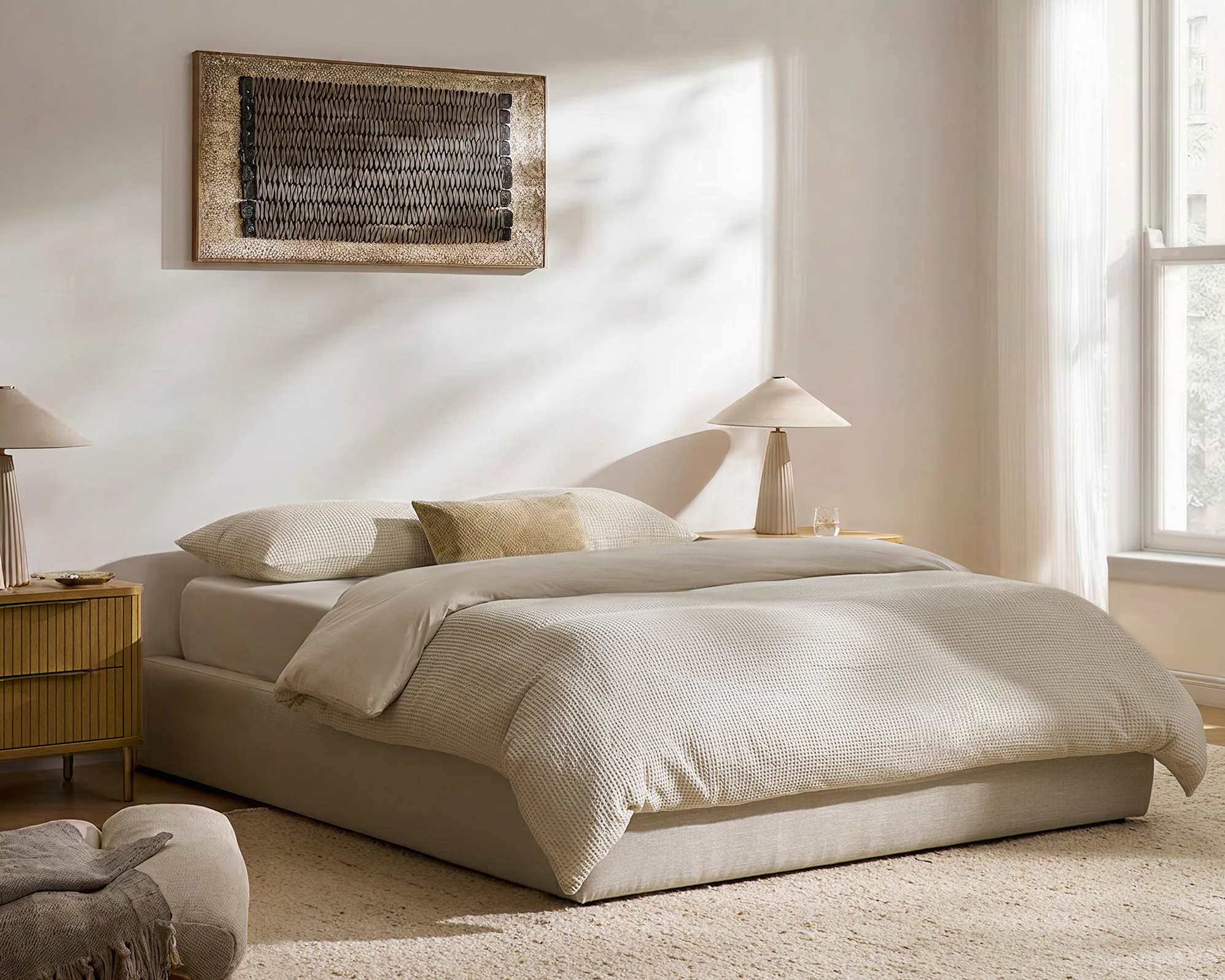 Miyo Queen Size Bed Frame, (Performance Genova) Oat lifestyle