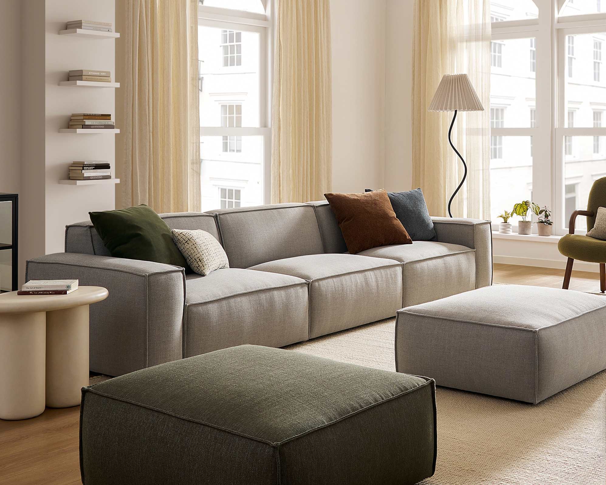 Jonathan Extended Sofa with Ottoman, (Performance Twill) Dove Grey