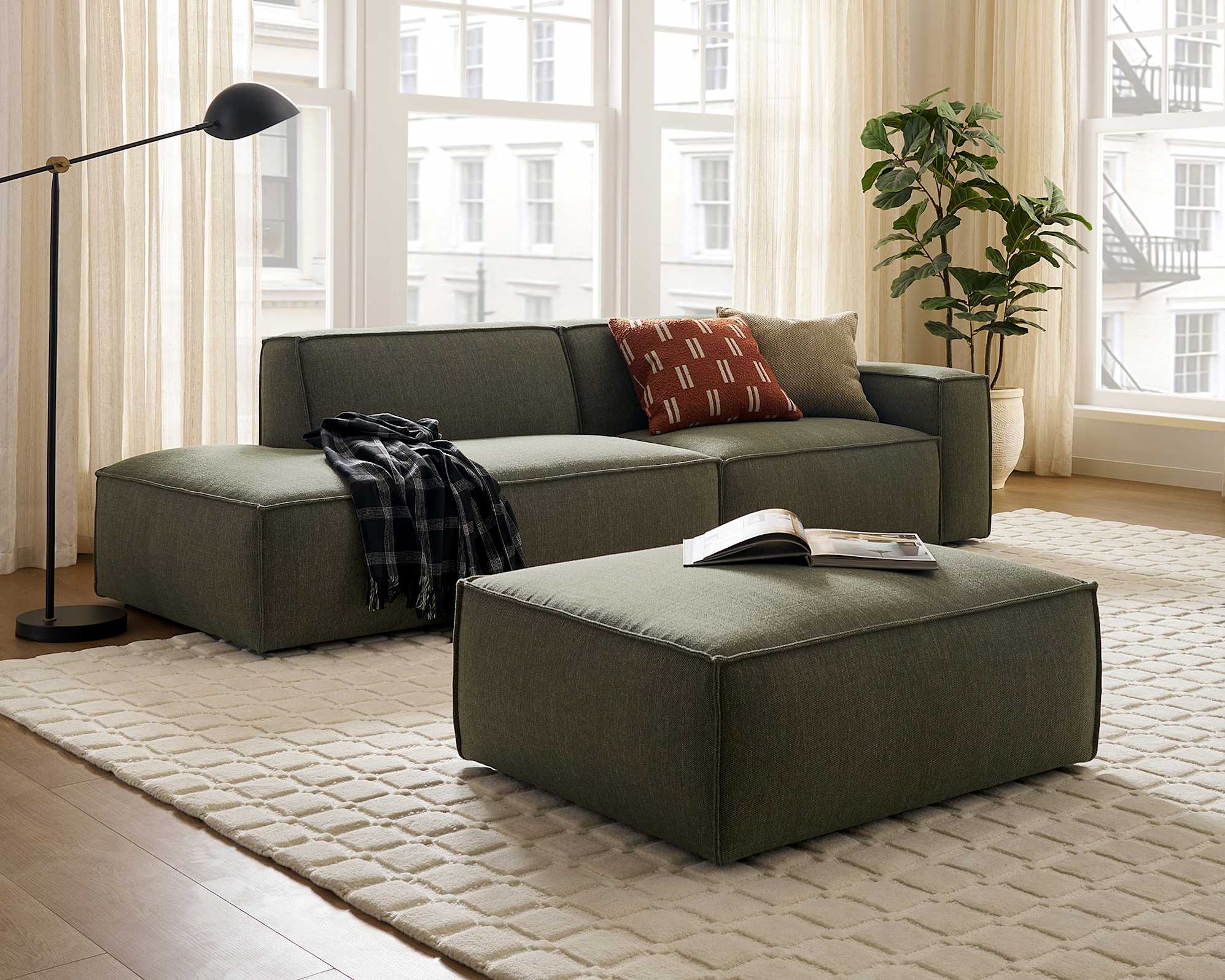 Jonathan Side Chaise Sofa Left Facing with Ottoman, (Performance Twill) Moss lifestyle