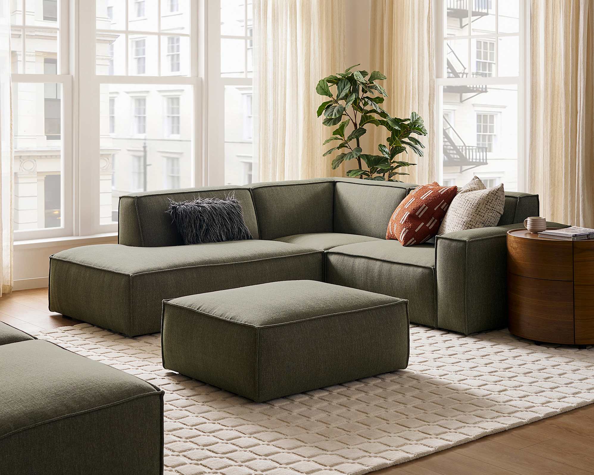 Jonathan Side Chaise Sectional Sofa Left Facing with Ottoman, (Performance Twill) Moss lifestyle