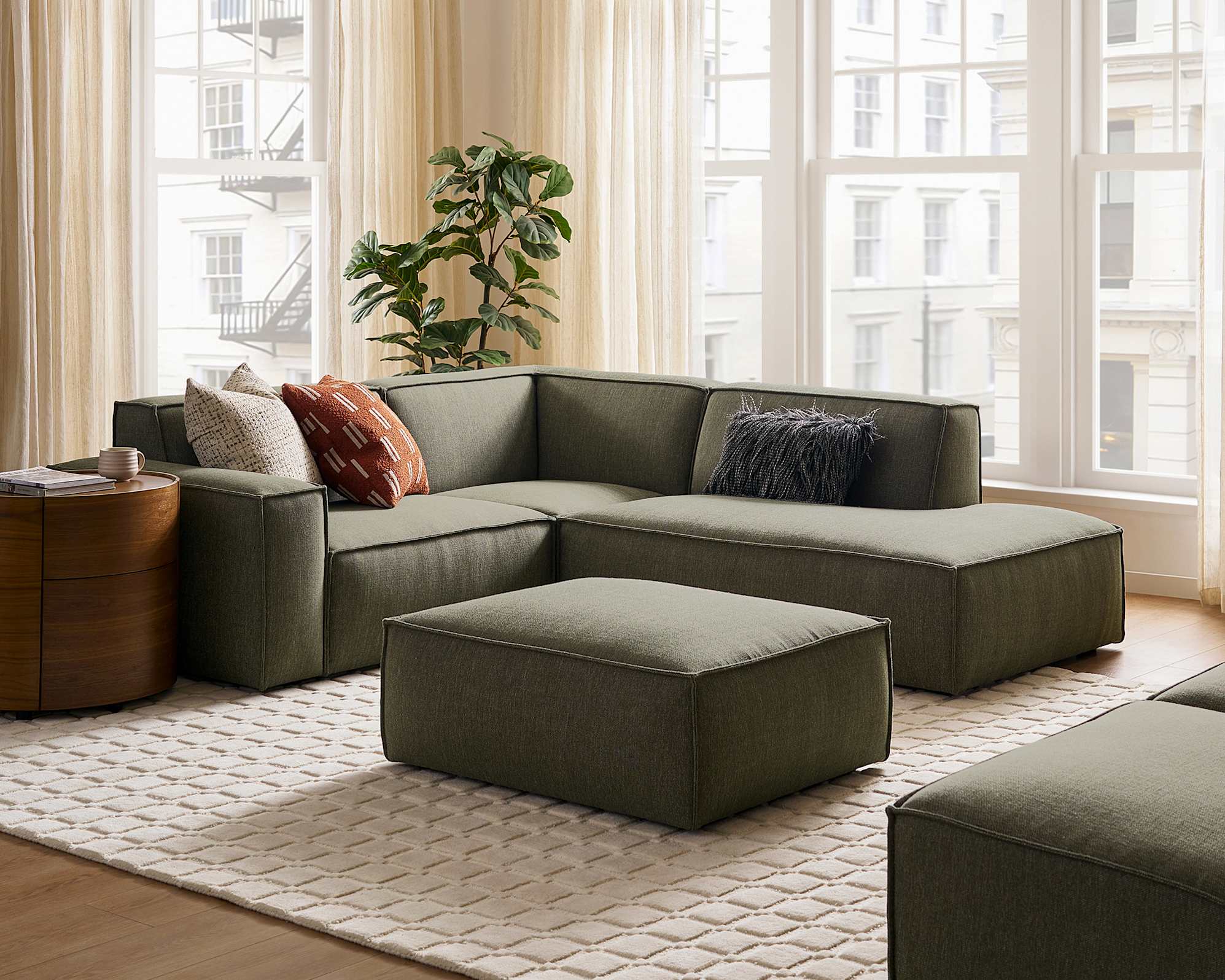 Jonathan Side Chaise Sectional Sofa Right Facing with Ottoman, (Performance Twill) Moss lifestyle