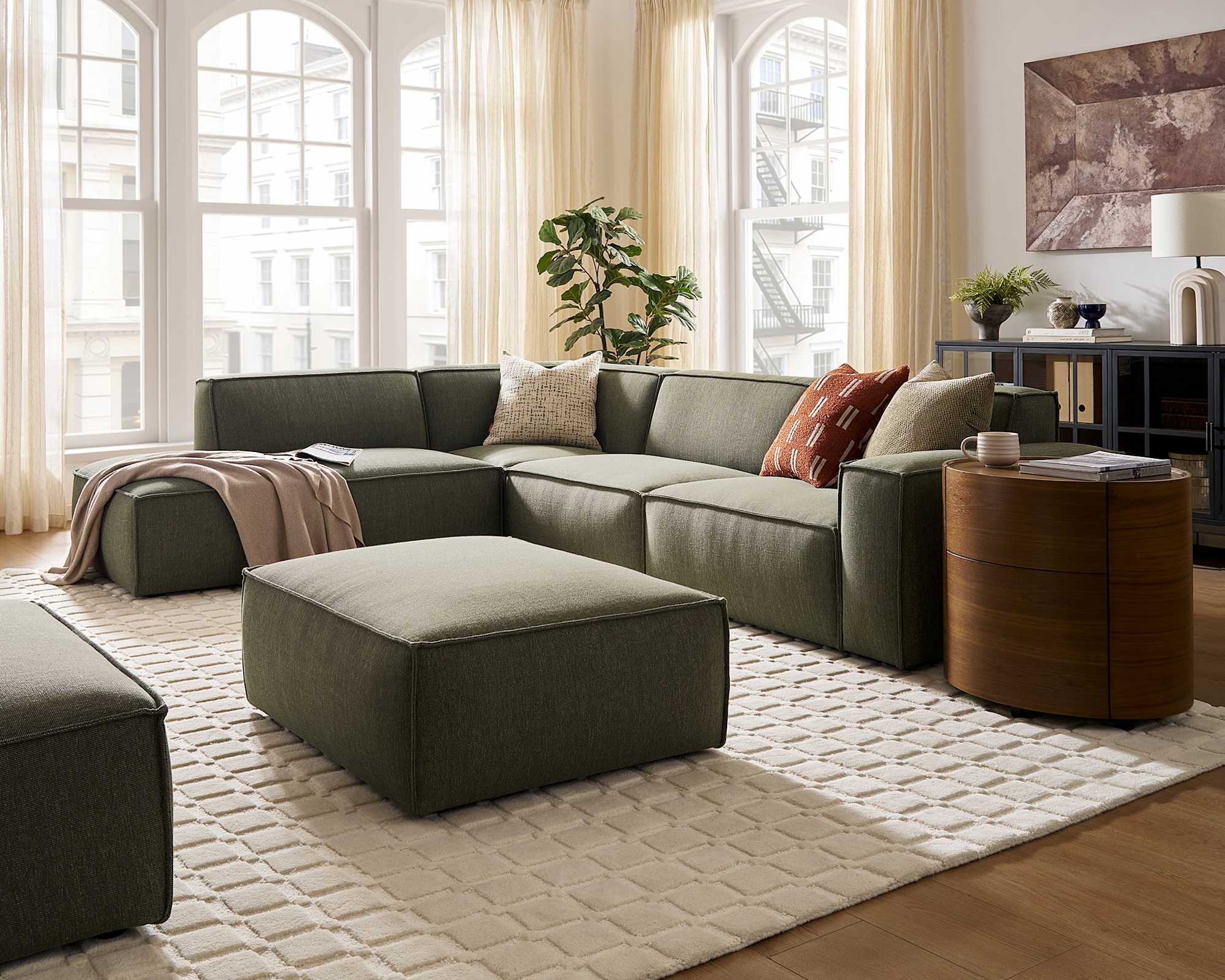 Jonathan Extended Side Chaise Sectional Sofa Left Facing with Ottoman, (Performance Twill) Moss lifestyle