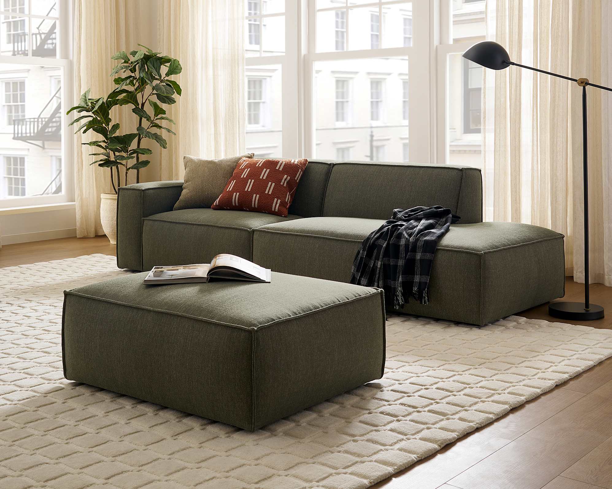 Jonathan Side Chaise Sofa Right Facing with Ottoman, (Performance Twill) Moss lifestyle