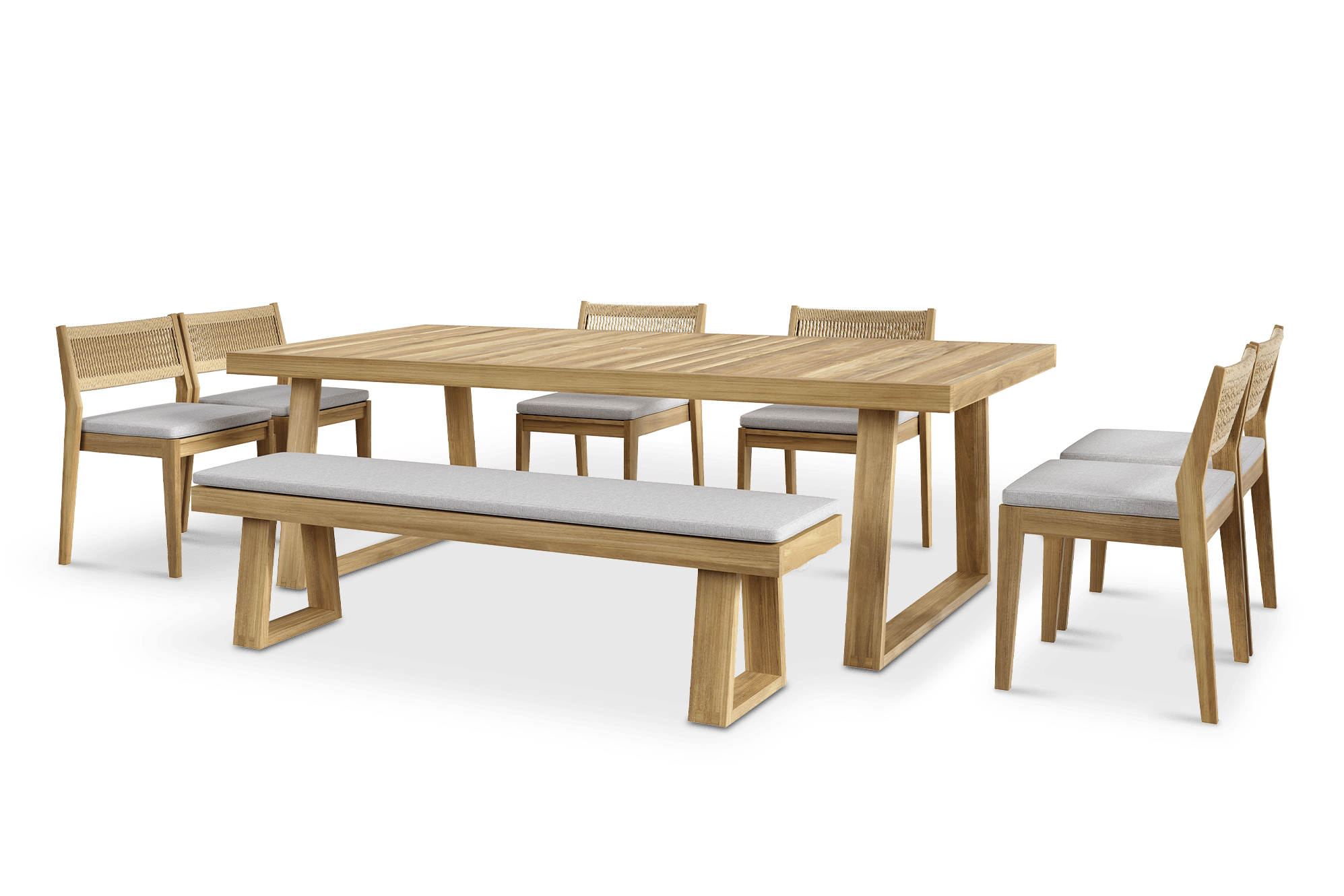 Rio Outdoor Teak Dining Table, 240cm and 6 Chairs and 180cm Bench (Treated Version), Natural Beige