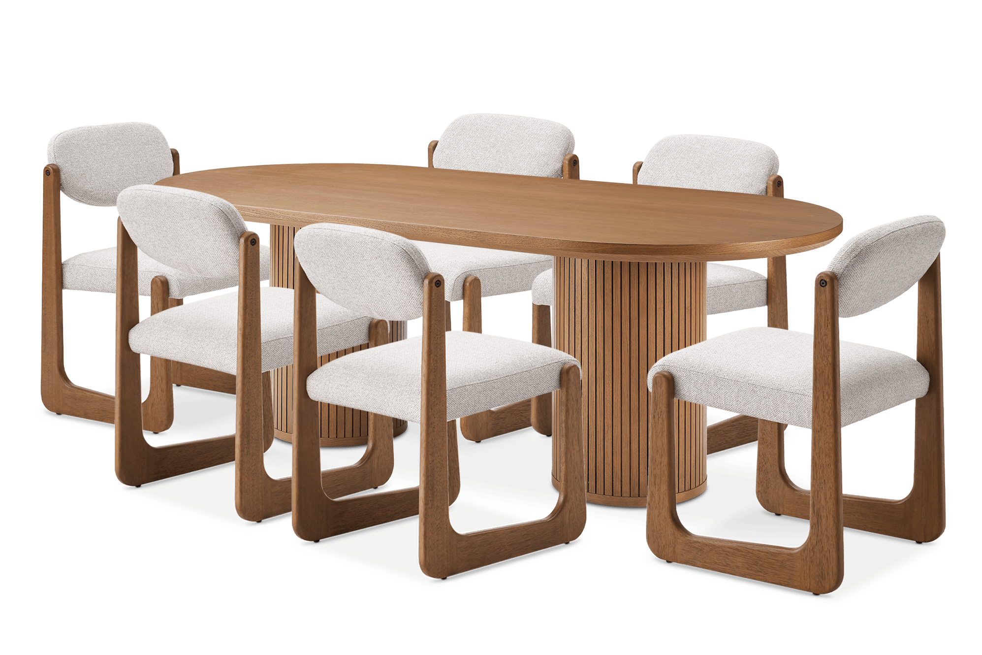 Harper Dining Table 220cm with 6 Lira Dining Chairs, (Performance Hugo) Greige (Chestnut)​