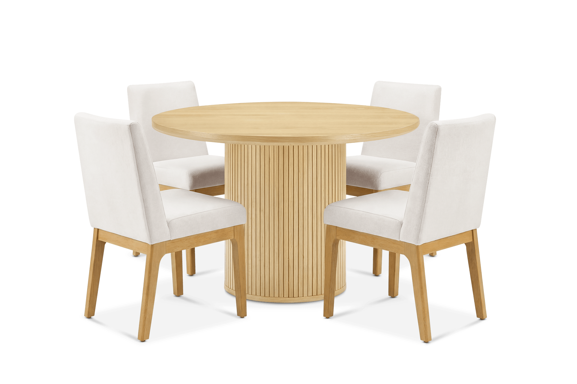 Harper Round Dining Table 120cm, Natural with 4 Elliot Dining Chairs, (Performance Mixed-Yarn Chenille) Cream (Blonde Oak)