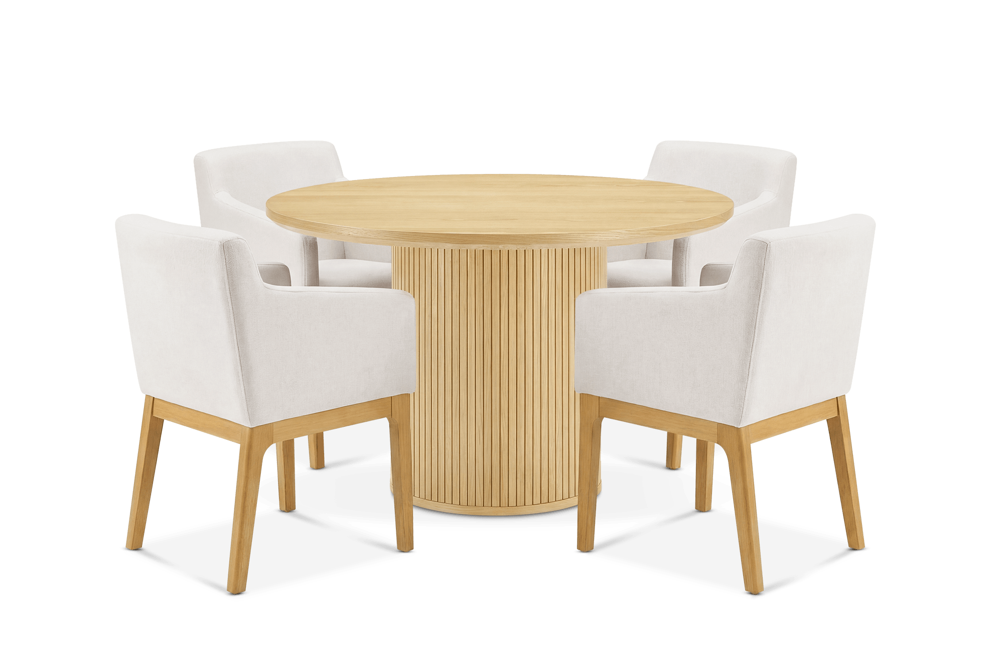 Harper Round Dining Table 120cm, Natural with 4 Elliot Dining Arm Chairs, (Performance Melange Chenille) Cream (Blonde Oak)