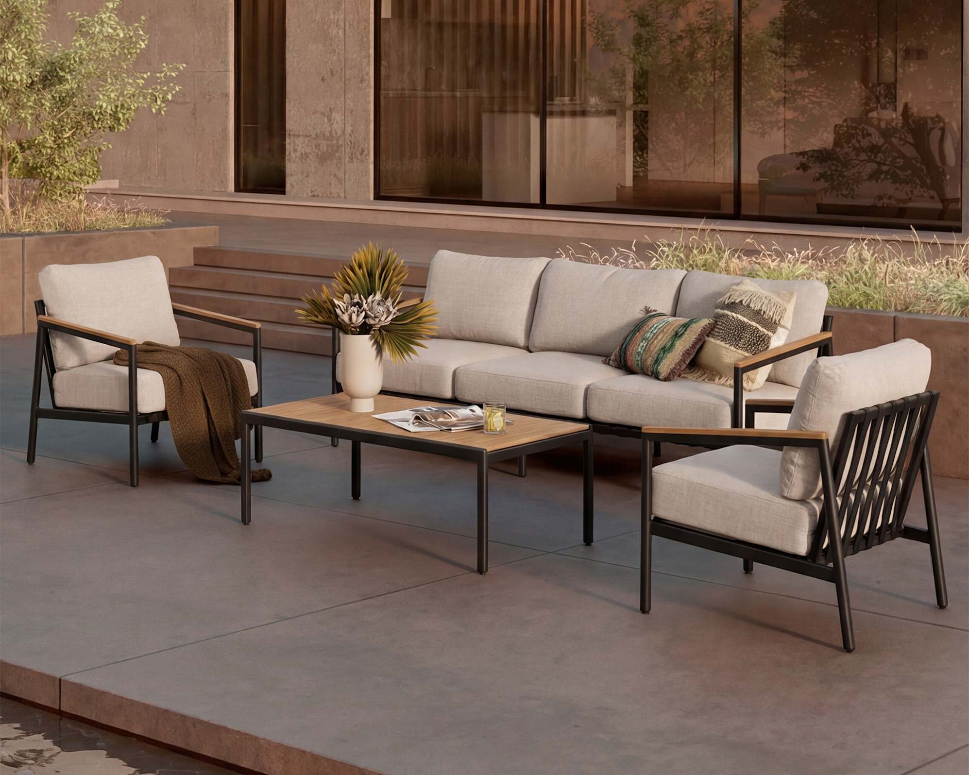 Sorrento Outdoor 3 Seater Sofa, 2 Lounge Chairs & Coffee Table Set with Ivory Cover, Natural Beige