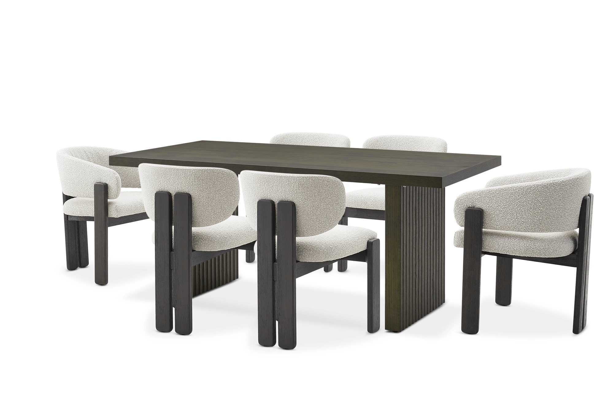 Sloane Dining Table 70.9" with 4 Oslo Chairs and 2 Oslo Arm Chairs, (Performance Infinity) White Quartz Boucle