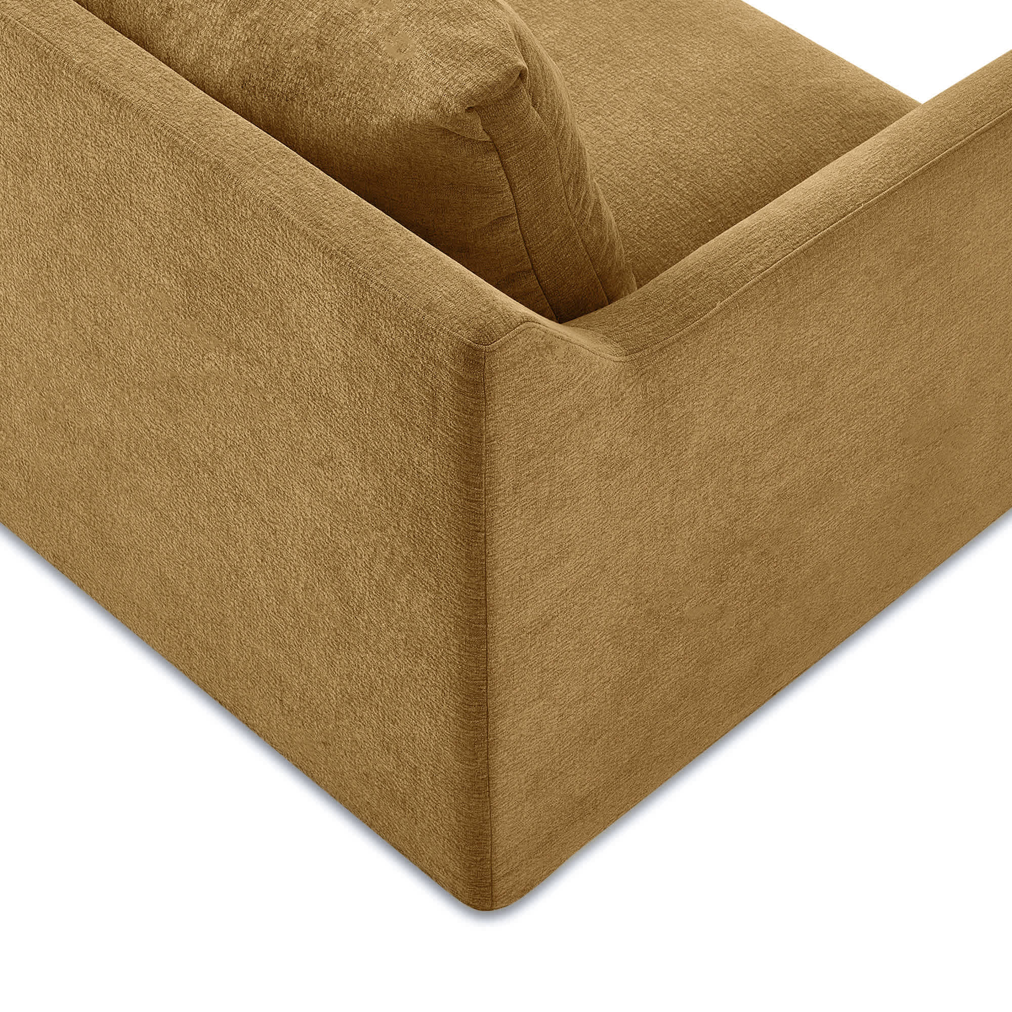 Close-up of the corner frame of the mustard brown sectional sofa.